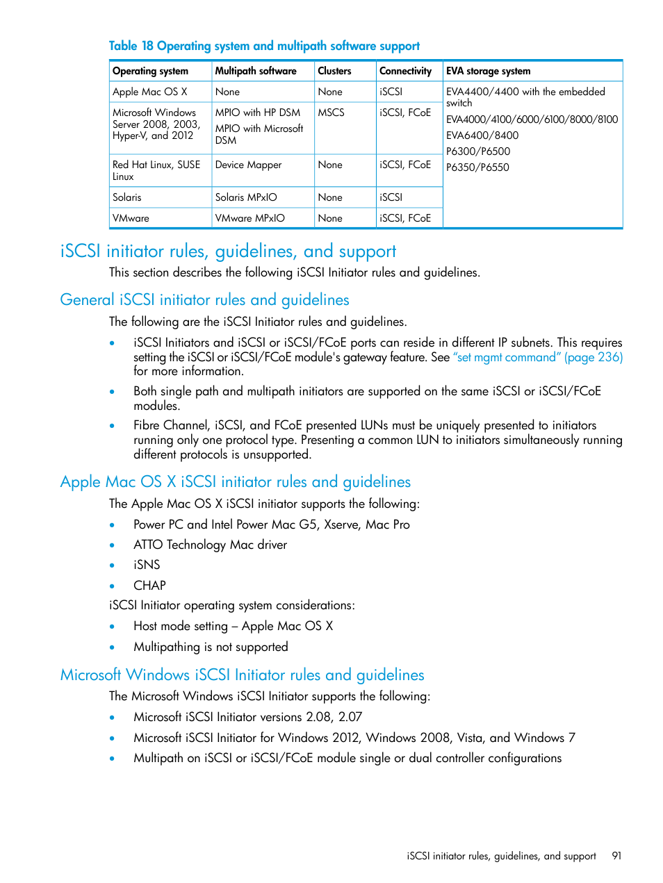 Iscsi initiator rules, guidelines, and support, General iscsi initiator rules and guidelines | HP EVA P6000 Storage User Manual | Page 91 / 316