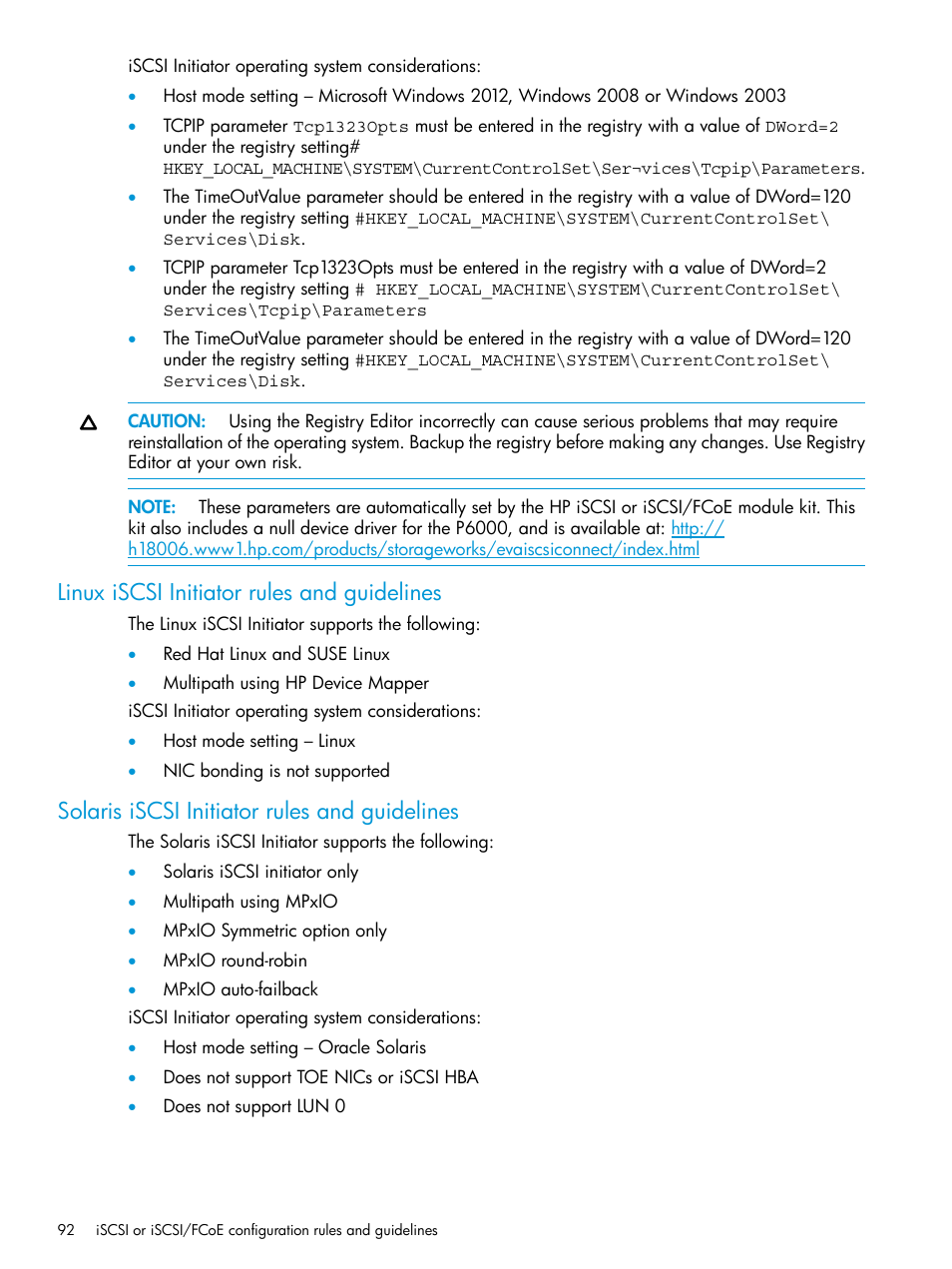 Linux iscsi initiator rules and guidelines, Solaris iscsi initiator rules and guidelines | HP EVA P6000 Storage User Manual | Page 92 / 316