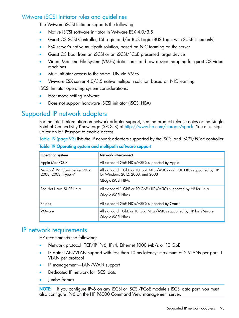 Vmware iscsi initiator rules and guidelines, Supported ip network adapters, Ip network requirements | HP EVA P6000 Storage User Manual | Page 93 / 316