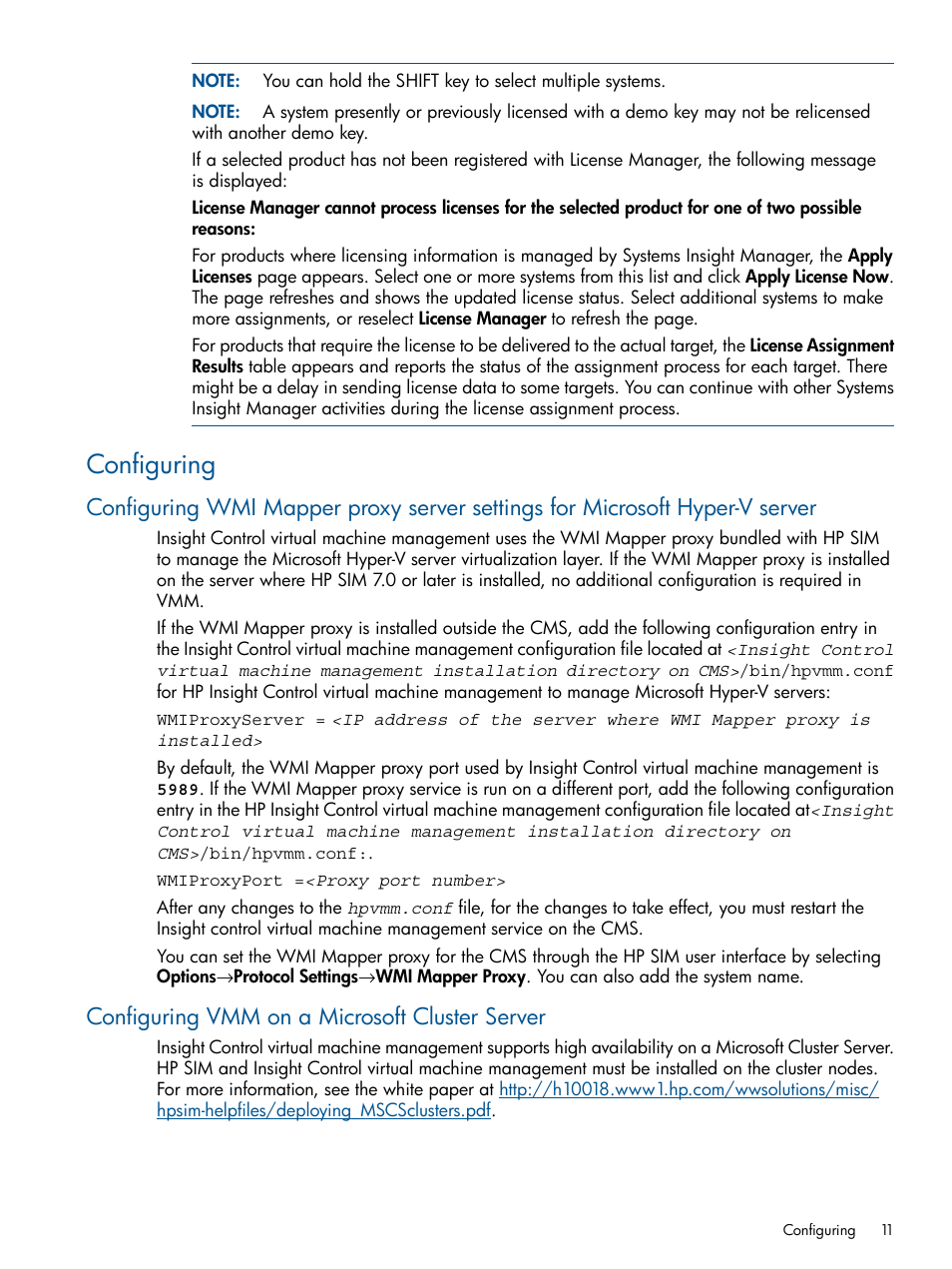 Configuring, Configuring vmm on a microsoft cluster server | HP Insight Control Software for Linux User Manual | Page 11 / 52
