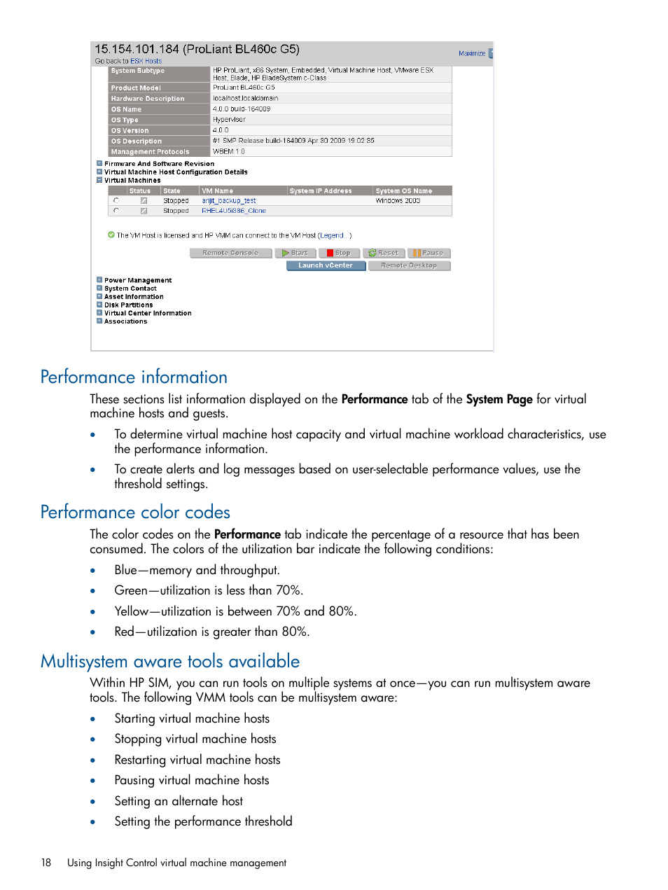 Performance information, Performance color codes, Multisystem aware tools available | HP Insight Control Software for Linux User Manual | Page 18 / 52