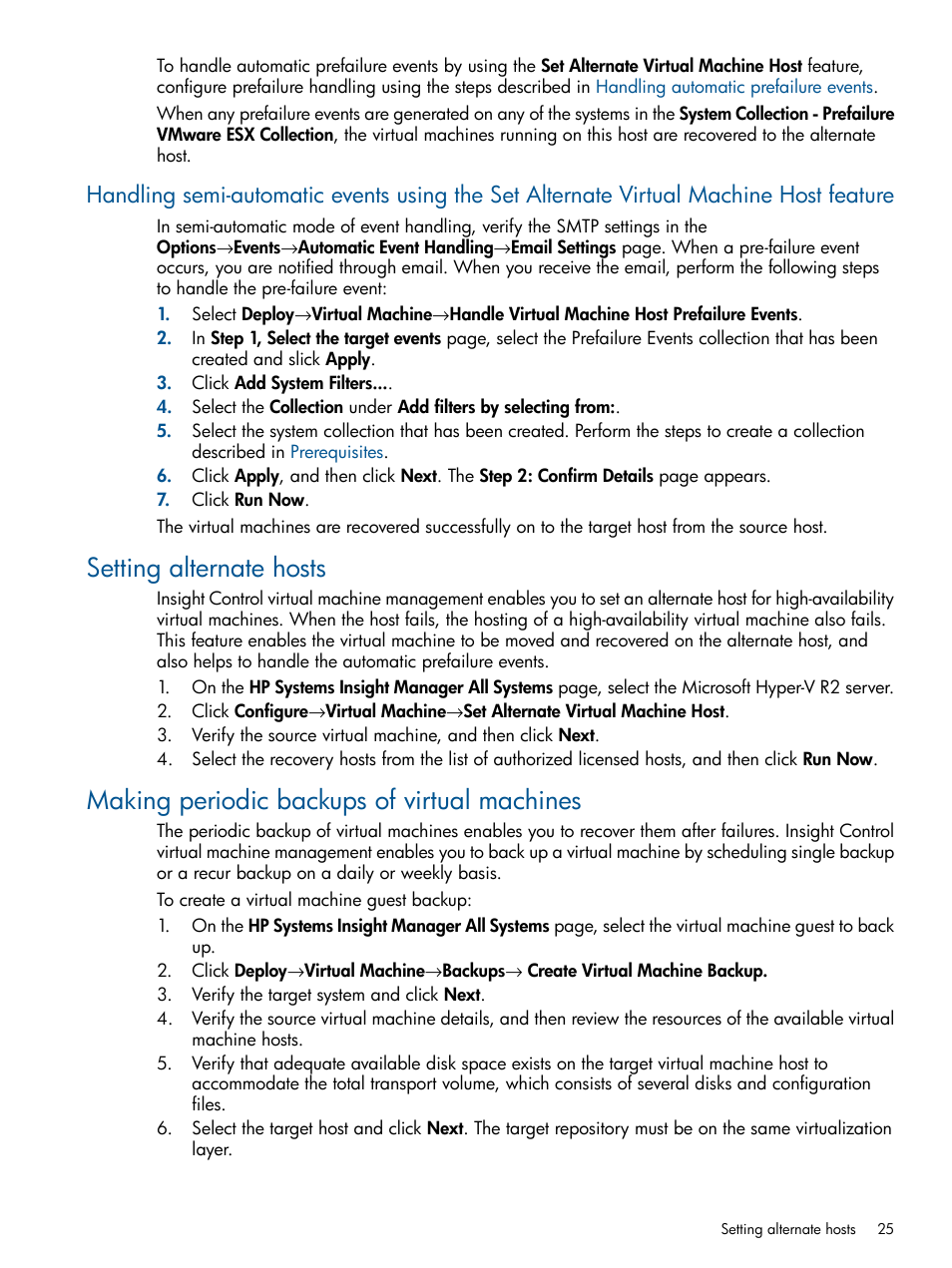 Setting alternate hosts, Making periodic backups of virtual machines | HP Insight Control Software for Linux User Manual | Page 25 / 52