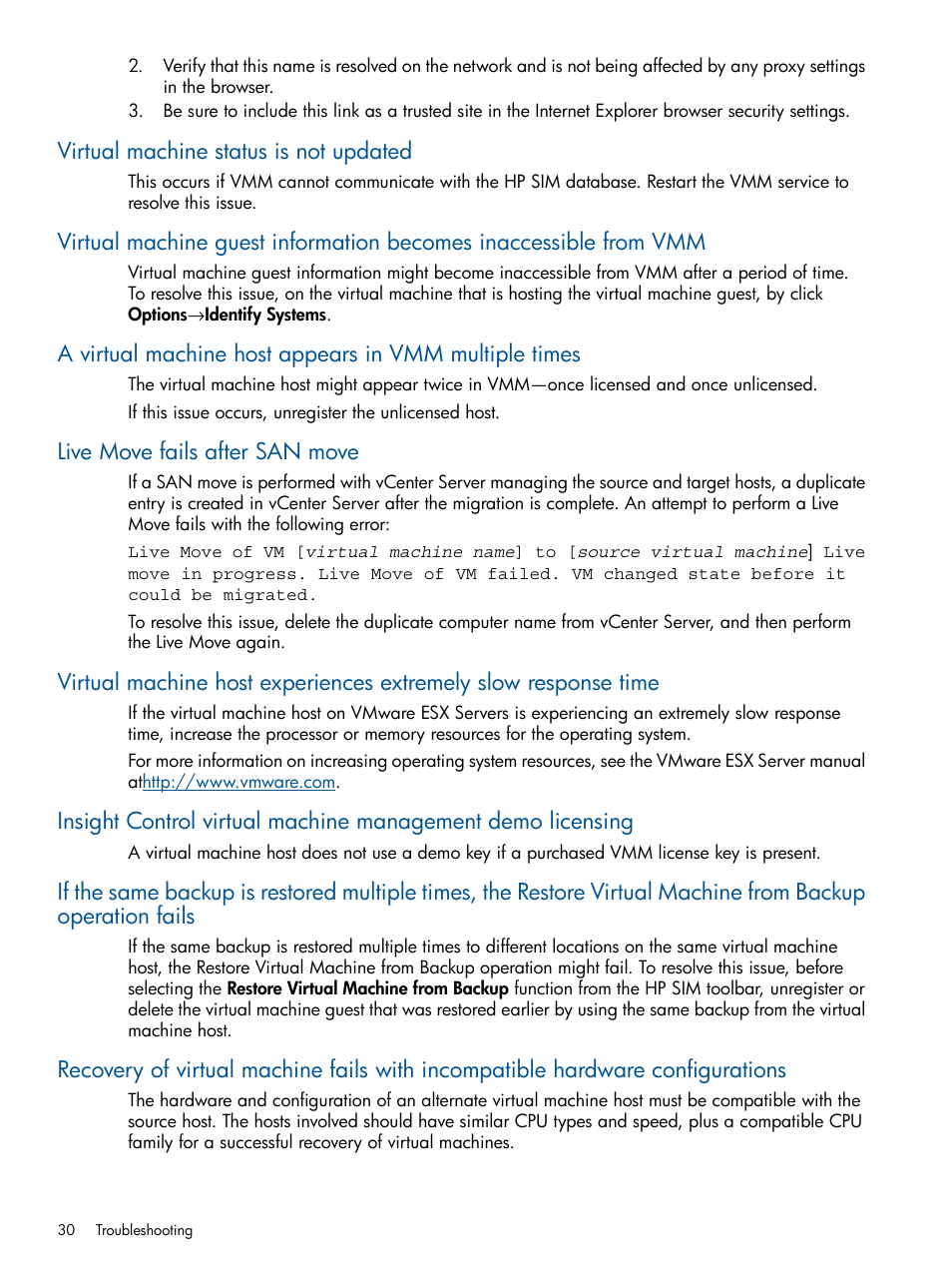 Virtual machine status is not updated, Live move fails after san move | HP Insight Control Software for Linux User Manual | Page 30 / 52