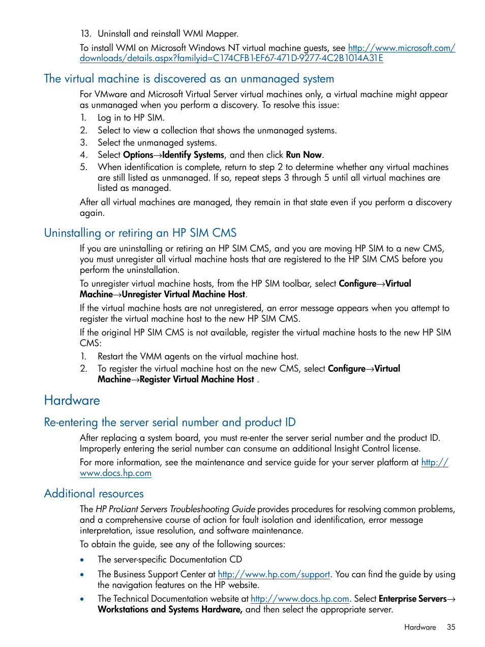 Uninstalling or retiring an hp sim cms, Hardware, Additional resources | HP Insight Control Software for Linux User Manual | Page 35 / 52