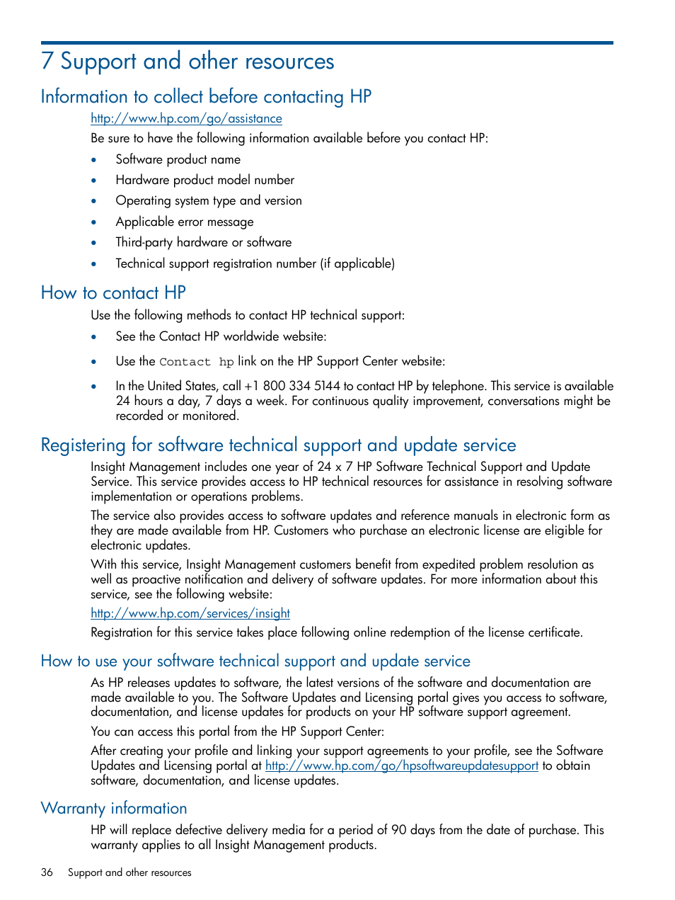 7 support and other resources, Information to collect before contacting hp, How to contact hp | Warranty information | HP Insight Control Software for Linux User Manual | Page 36 / 52