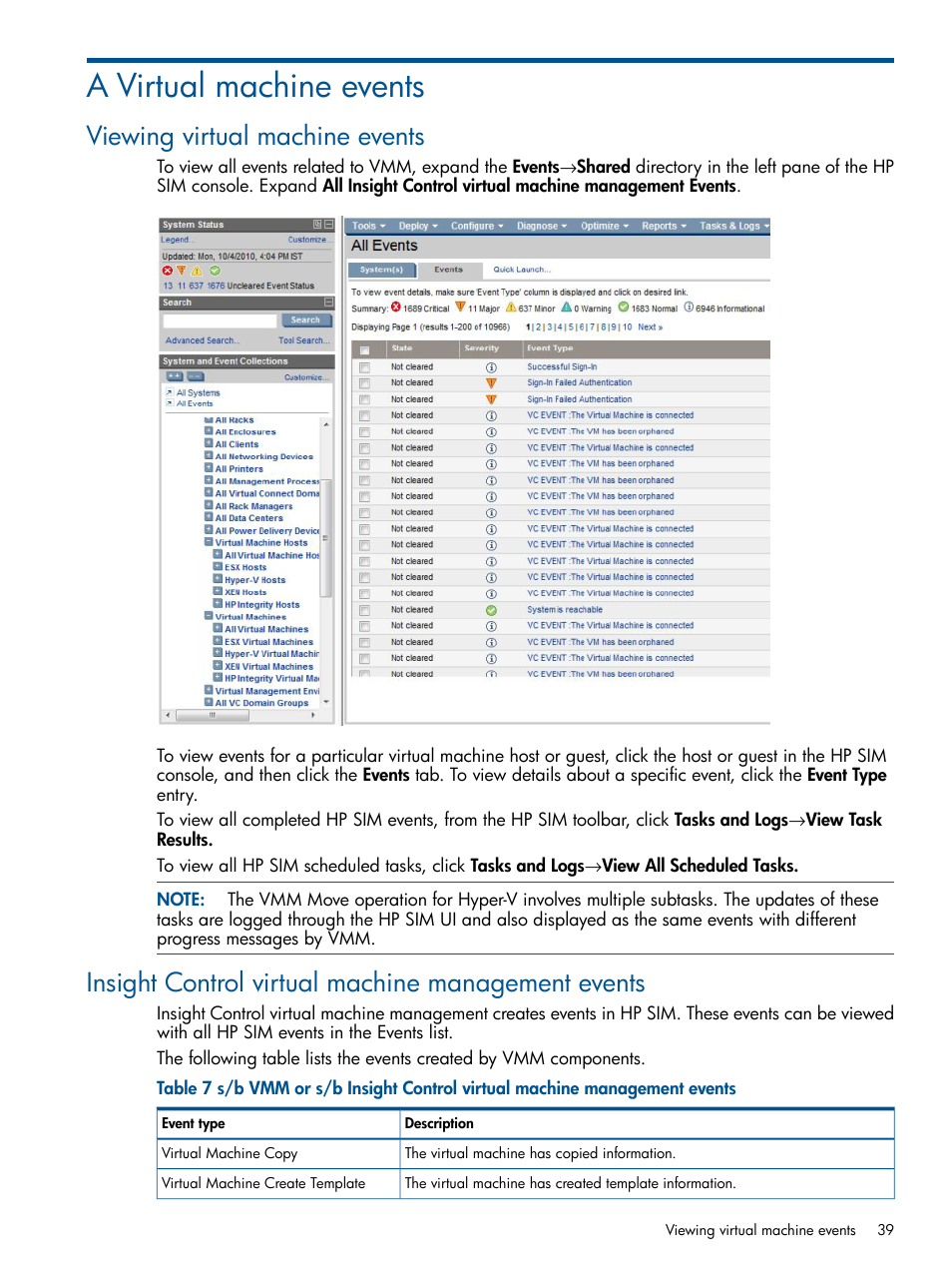 A virtual machine events, Viewing virtual machine events, Insight control virtual machine management events | HP Insight Control Software for Linux User Manual | Page 39 / 52