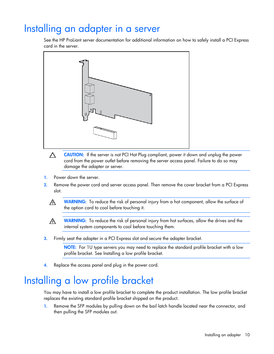 Installing an adapter in a server, Installing a low profile bracket | HP NC522SFP Dual Port 10GbE Gigabit Server Adapter User Manual | Page 10 / 18
