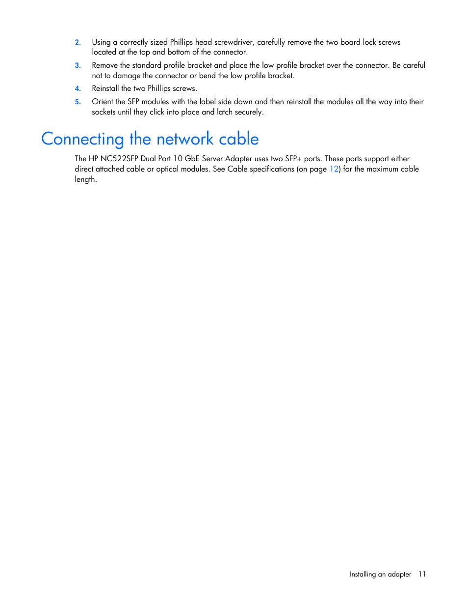 Connecting the network cable | HP NC522SFP Dual Port 10GbE Gigabit Server Adapter User Manual | Page 11 / 18
