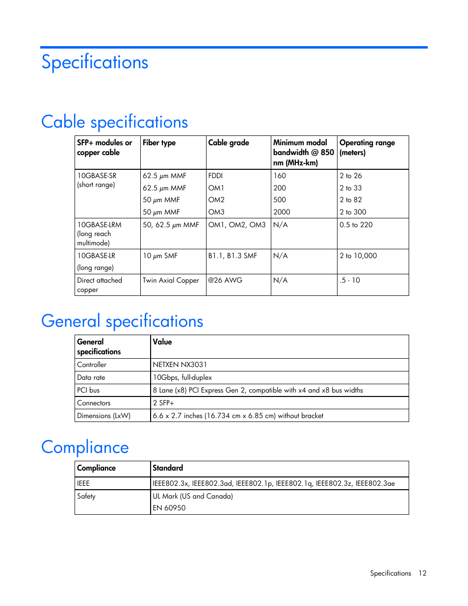 Specifications, Cable specifications, General specifications | Compliance | HP NC522SFP Dual Port 10GbE Gigabit Server Adapter User Manual | Page 12 / 18