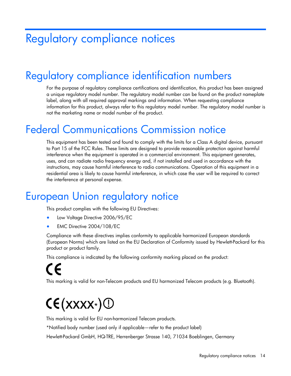 Regulatory compliance notices, Regulatory compliance identification numbers, Federal communications commission notice | European union regulatory notice | HP NC522SFP Dual Port 10GbE Gigabit Server Adapter User Manual | Page 14 / 18