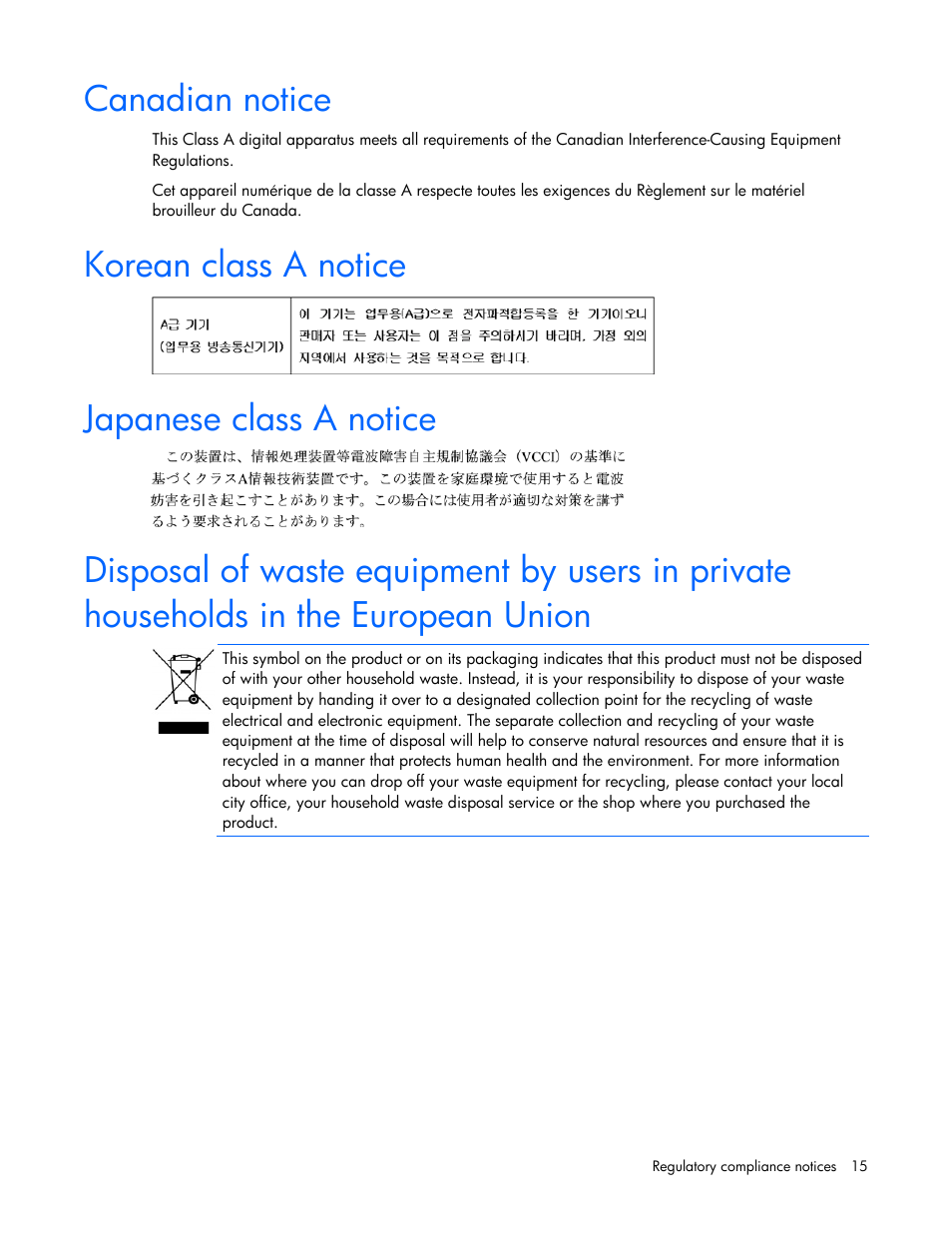 Canadian notice, Korean class a notice, Japanese class a notice | HP NC522SFP Dual Port 10GbE Gigabit Server Adapter User Manual | Page 15 / 18