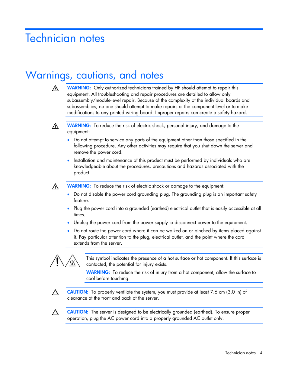 Technician notes, Warnings, cautions, and notes | HP NC522SFP Dual Port 10GbE Gigabit Server Adapter User Manual | Page 4 / 18