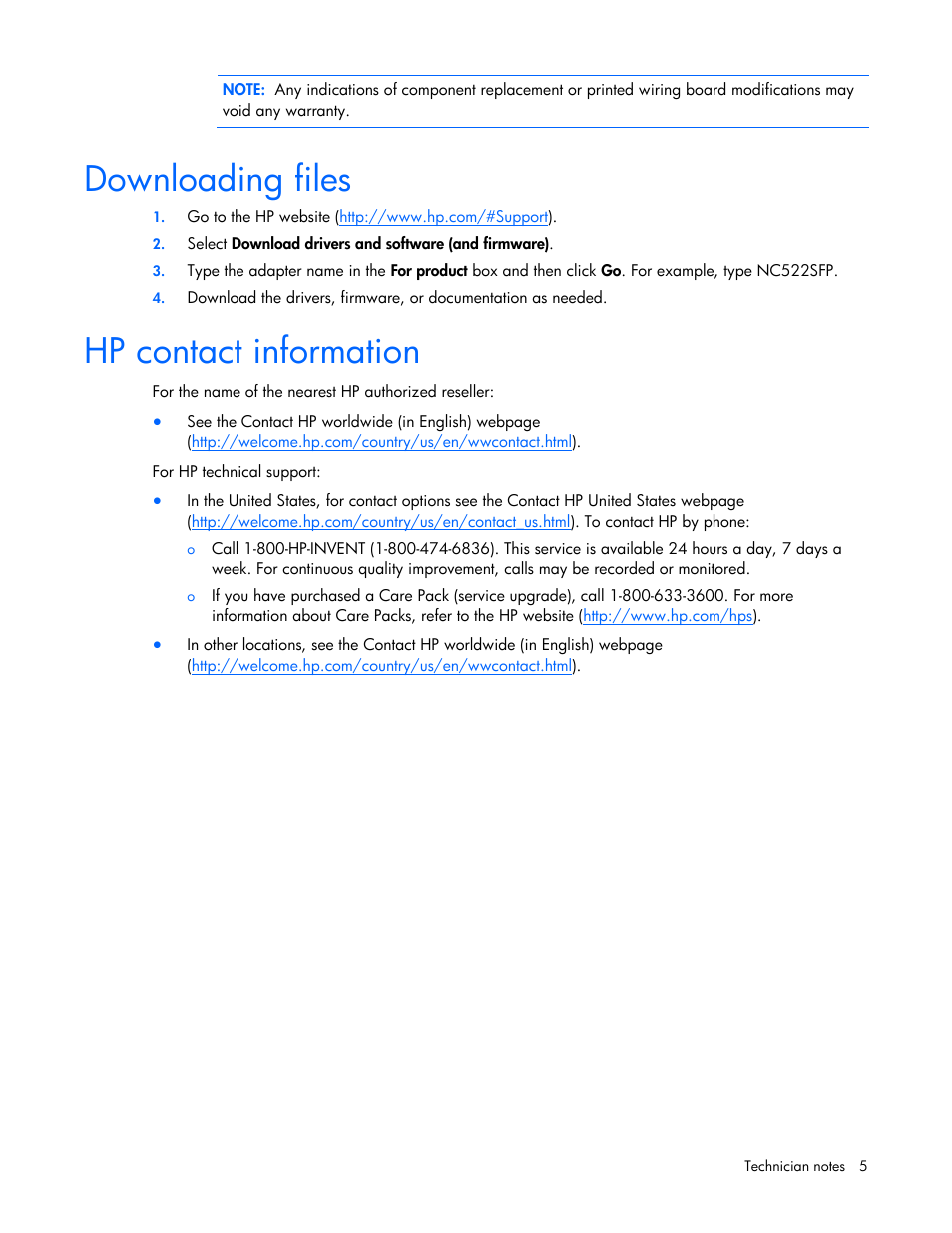 Downloading files, Hp contact information | HP NC522SFP Dual Port 10GbE Gigabit Server Adapter User Manual | Page 5 / 18