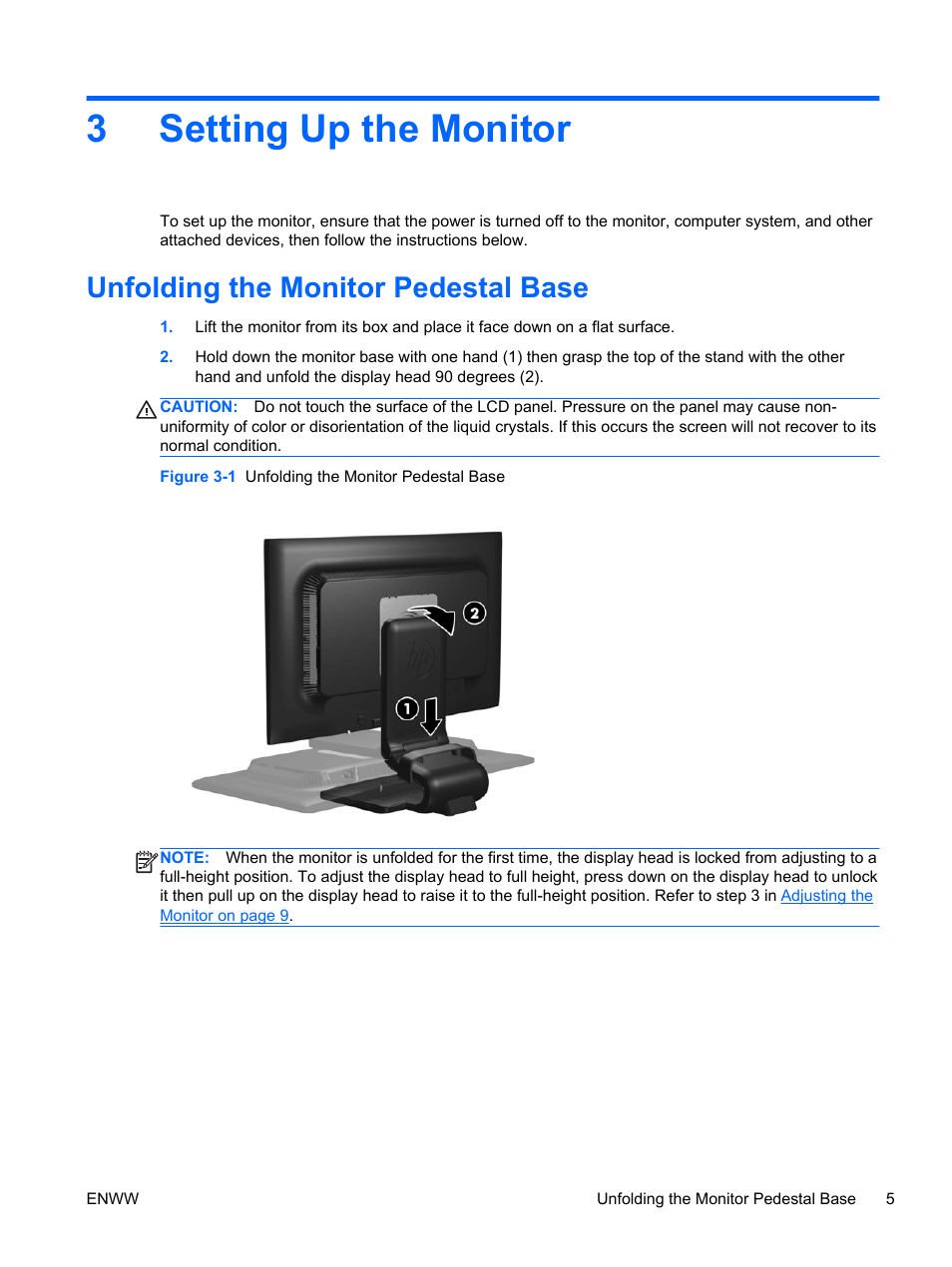 Setting up the monitor, Unfolding the monitor pedestal base, 3 setting up the monitor | 3setting up the monitor | HP Compaq LA2206xc 21.5-inch Webcam LCD Monitor User Manual | Page 13 / 52