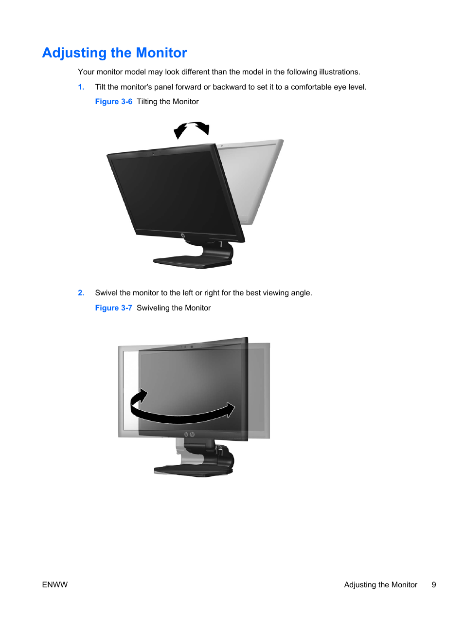 Adjusting the monitor, Adjusting the | HP Compaq LA2206xc 21.5-inch Webcam LCD Monitor User Manual | Page 17 / 52