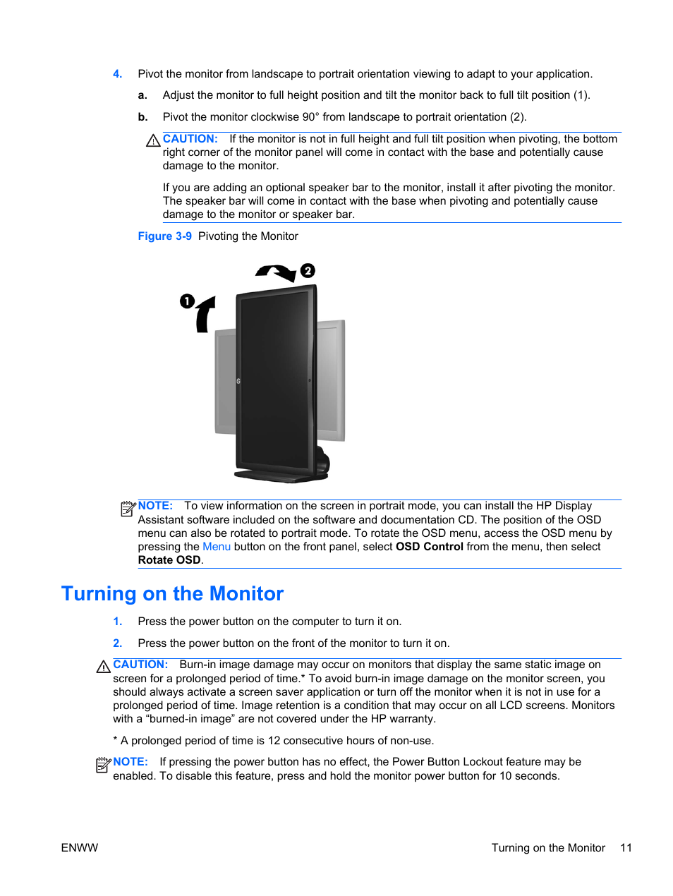 Turning on the monitor | HP Compaq LA2206xc 21.5-inch Webcam LCD Monitor User Manual | Page 19 / 52