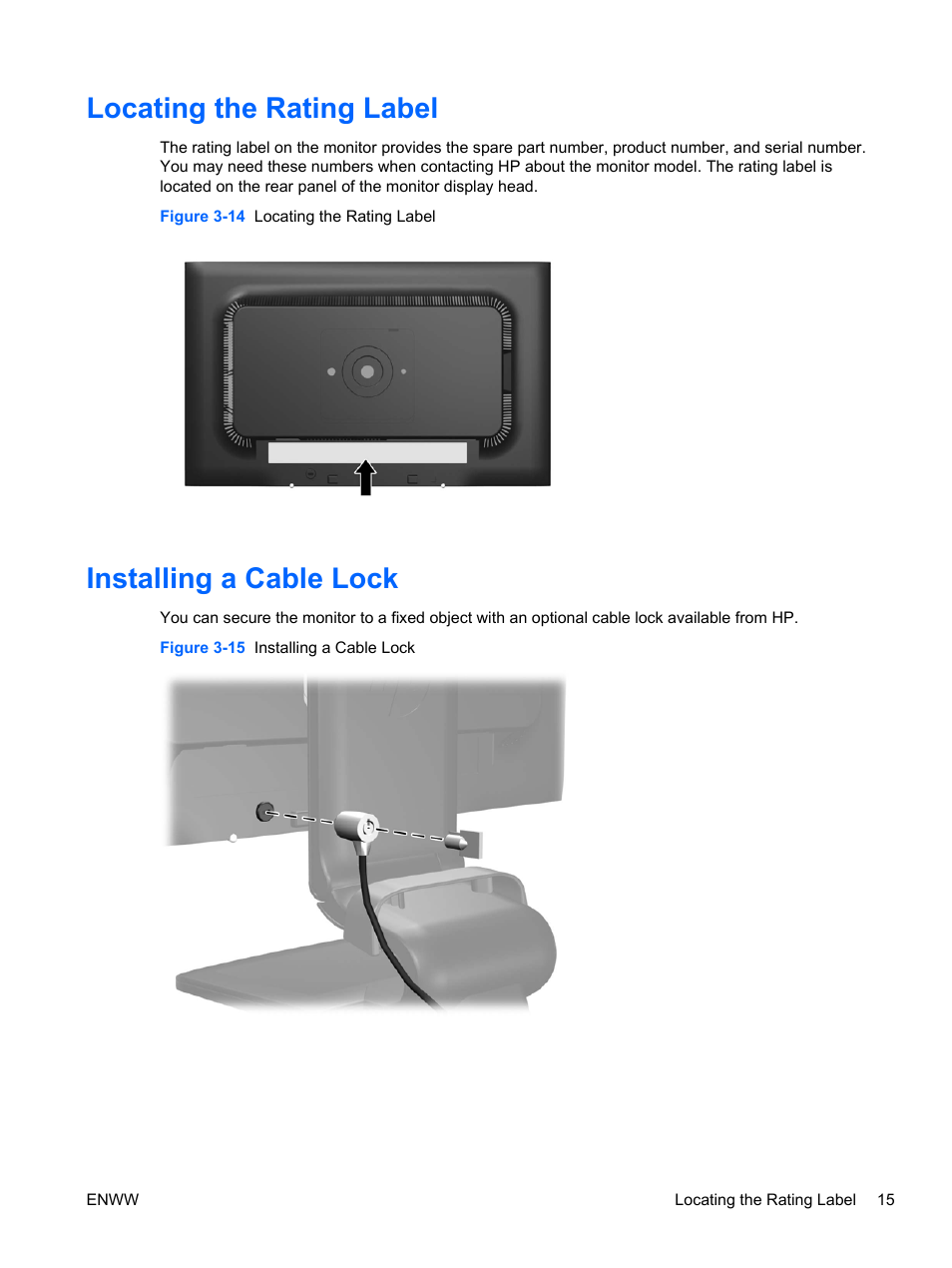 Locating the rating label, Installing a cable lock, Locating the rating label installing a cable lock | HP Compaq LA2206xc 21.5-inch Webcam LCD Monitor User Manual | Page 23 / 52