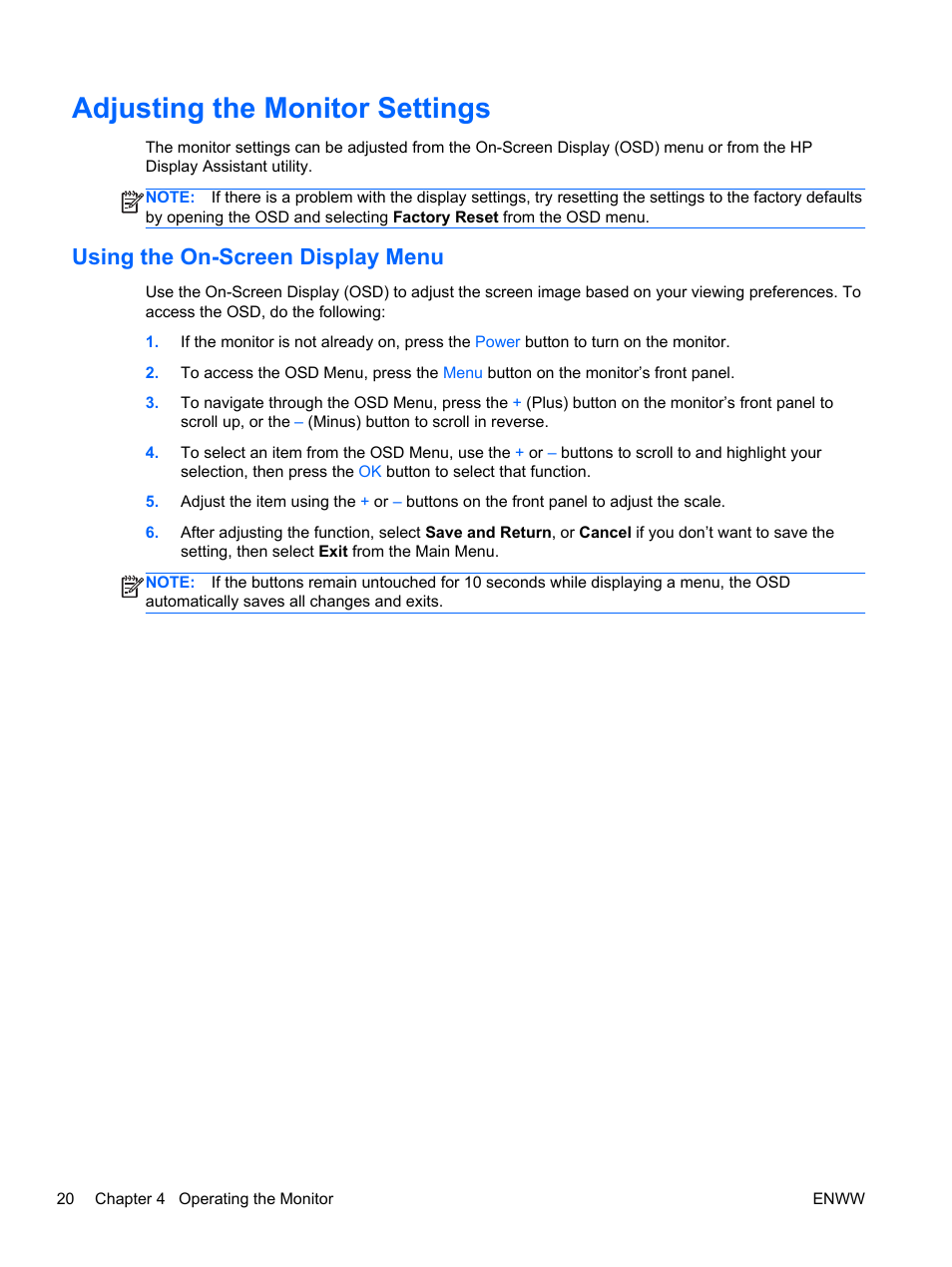 Adjusting the monitor settings, Using the on-screen display menu | HP Compaq LA2206xc 21.5-inch Webcam LCD Monitor User Manual | Page 28 / 52