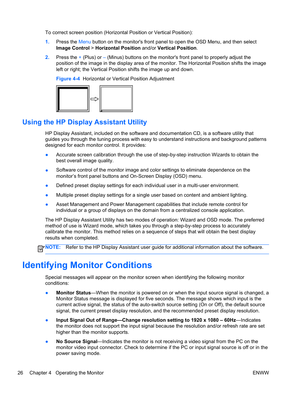 Using the hp display assistant utility, Identifying monitor conditions | HP Compaq LA2206xc 21.5-inch Webcam LCD Monitor User Manual | Page 34 / 52