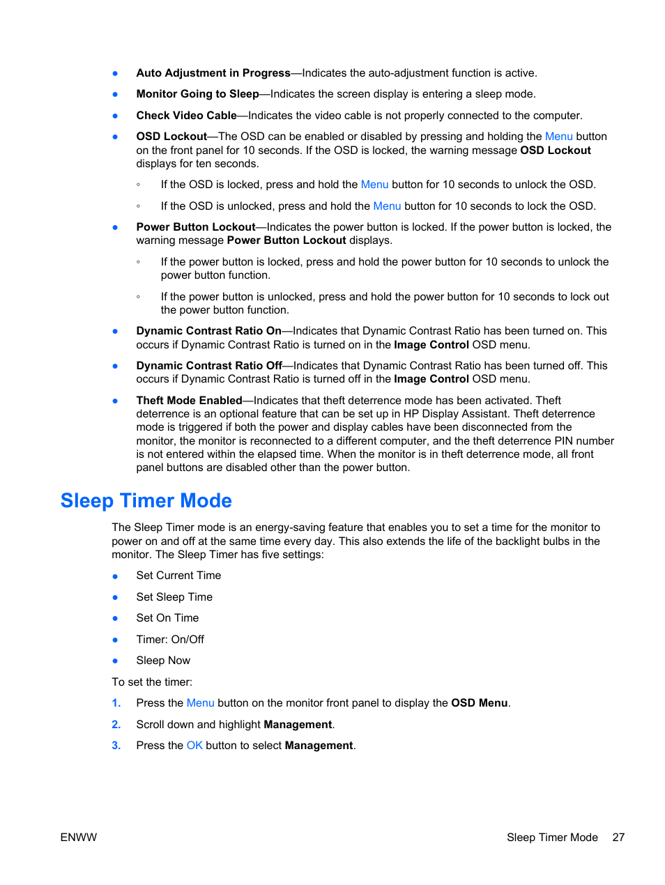 Sleep timer mode | HP Compaq LA2206xc 21.5-inch Webcam LCD Monitor User Manual | Page 35 / 52