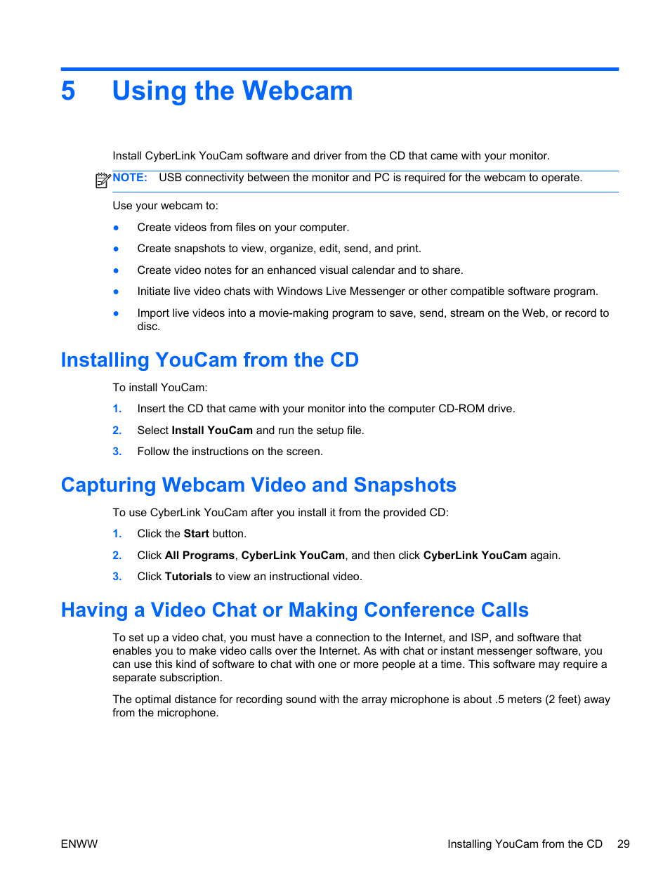 Using the webcam, Installing youcam from the cd, Capturing webcam video and snapshots | Having a video chat or making conference calls, 5 using the webcam, 5using the webcam | HP Compaq LA2206xc 21.5-inch Webcam LCD Monitor User Manual | Page 37 / 52