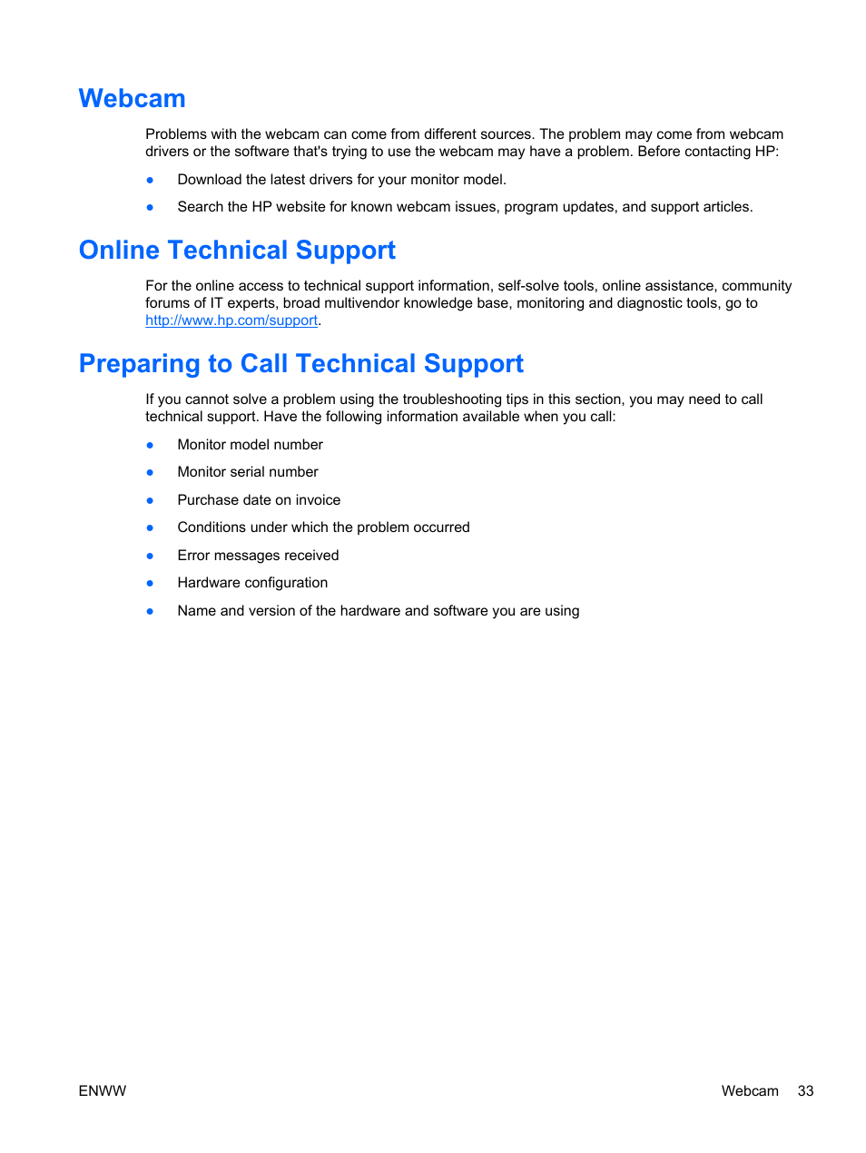 Webcam, Online technical support, Preparing to call technical support | HP Compaq LA2206xc 21.5-inch Webcam LCD Monitor User Manual | Page 41 / 52