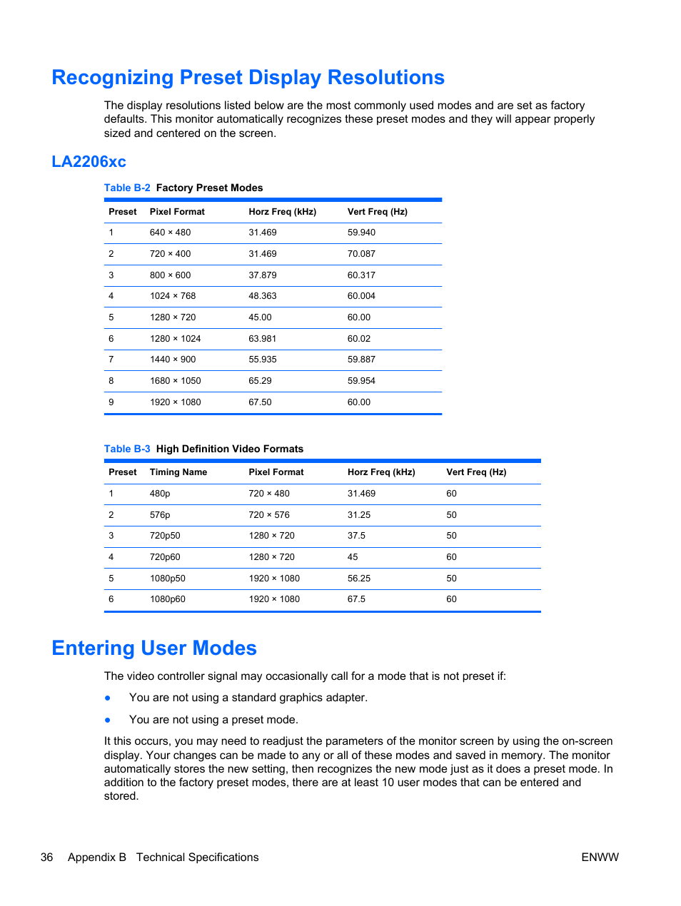 Recognizing preset display resolutions, La2206xc, Entering user modes | HP Compaq LA2206xc 21.5-inch Webcam LCD Monitor User Manual | Page 44 / 52