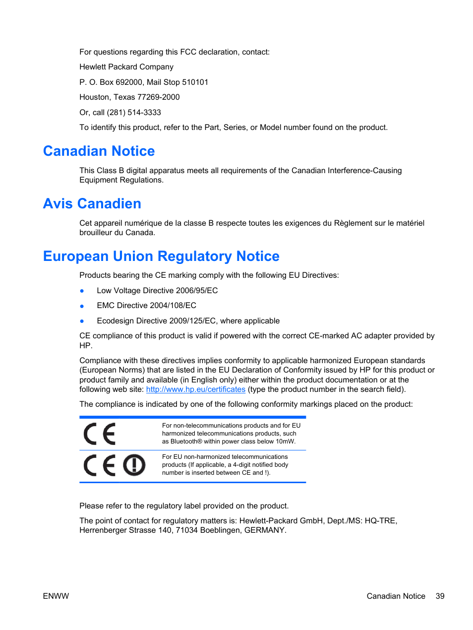 Canadian notice, Avis canadien, European union regulatory notice | HP Compaq LA2206xc 21.5-inch Webcam LCD Monitor User Manual | Page 47 / 52