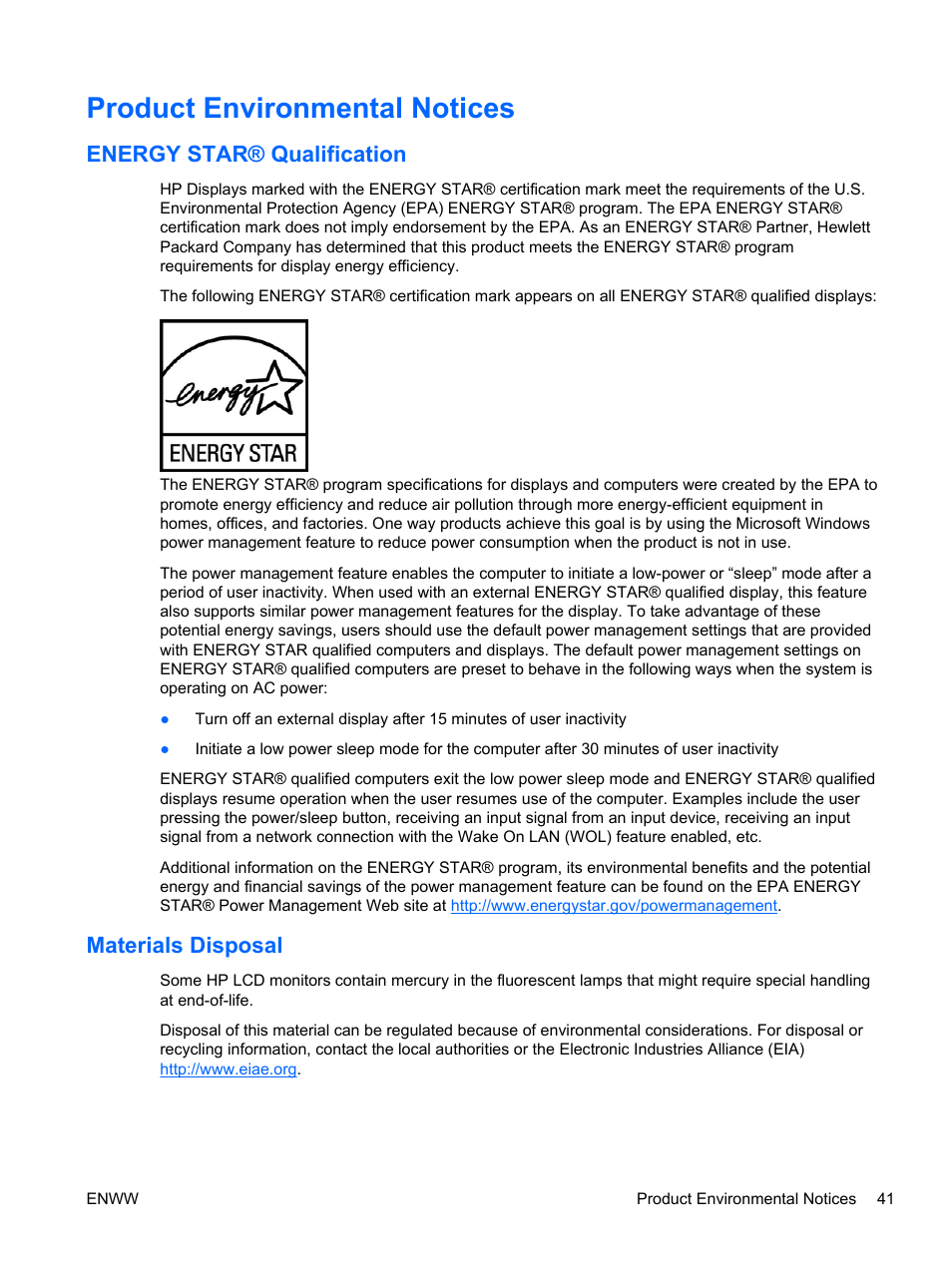 Product environmental notices, Energy star® qualification, Materials disposal | Energy star® qualification materials disposal | HP Compaq LA2206xc 21.5-inch Webcam LCD Monitor User Manual | Page 49 / 52