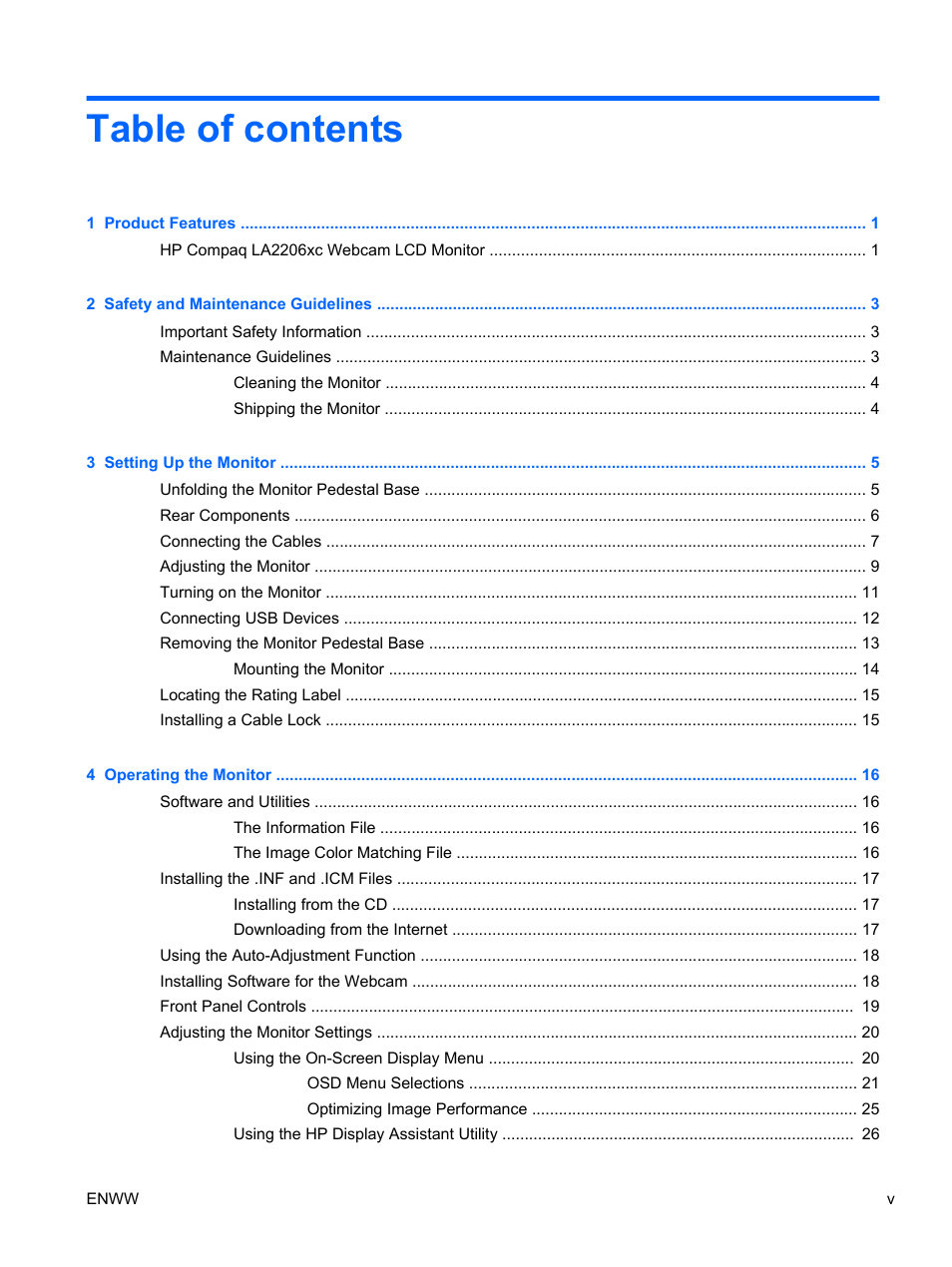 HP Compaq LA2206xc 21.5-inch Webcam LCD Monitor User Manual | Page 5 / 52