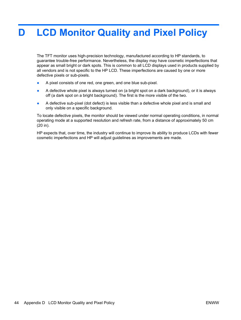 Lcd monitor quality and pixel policy, Appendix d lcd monitor quality and pixel policy, Dlcd monitor quality and pixel policy | HP Compaq LA2206xc 21.5-inch Webcam LCD Monitor User Manual | Page 52 / 52
