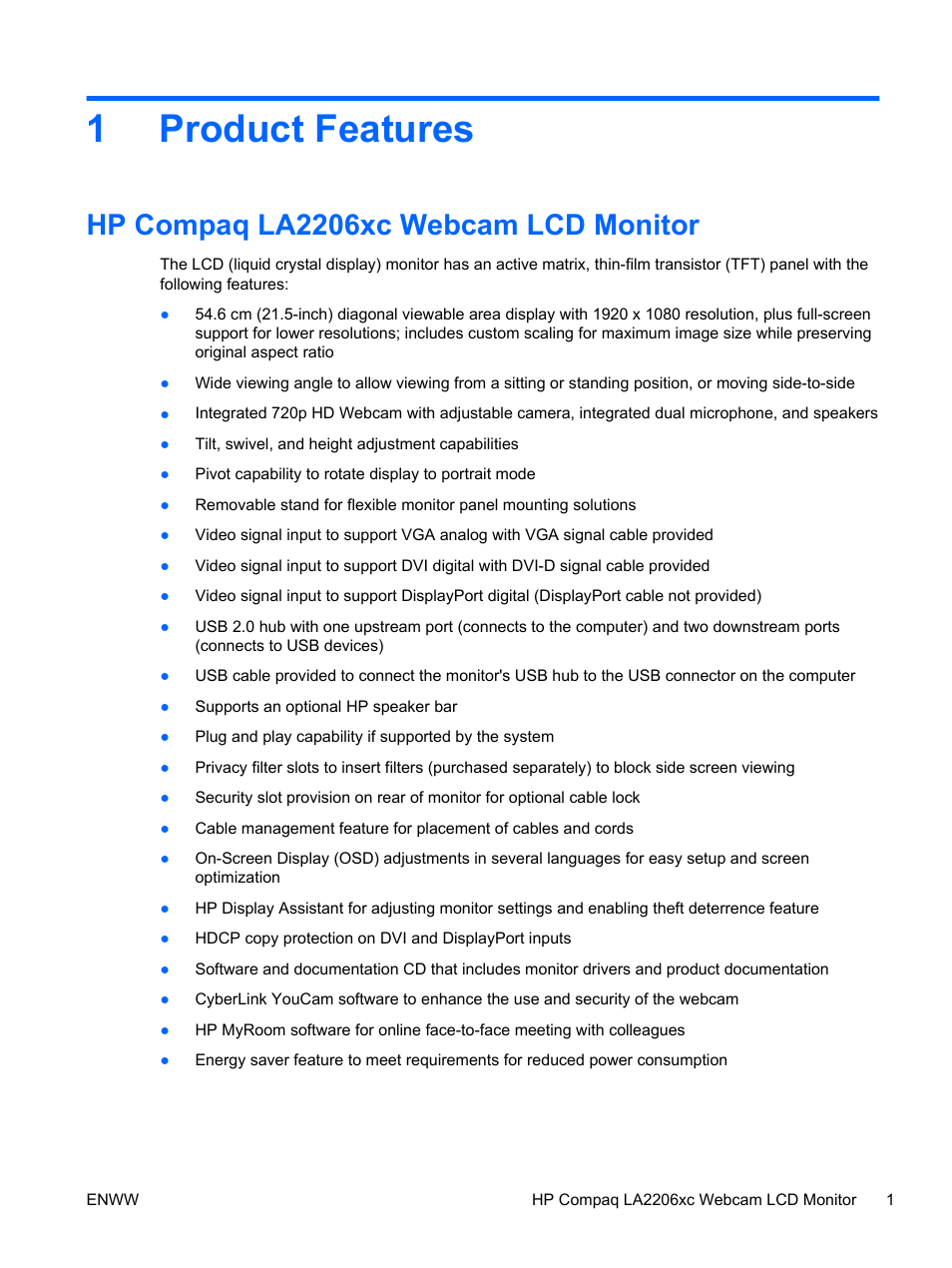 Product features, Hp compaq la2206xc webcam lcd monitor, 1 product features | 1product features | HP Compaq LA2206xc 21.5-inch Webcam LCD Monitor User Manual | Page 9 / 52