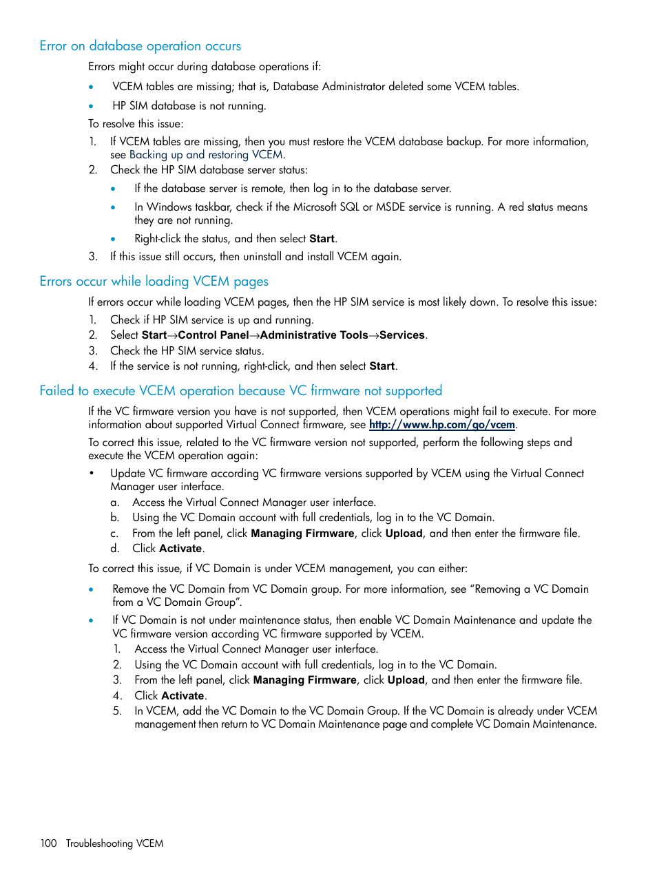 Error on database operation occurs | HP Virtual Connect Enterprise Manager Software User Manual | Page 100 / 117