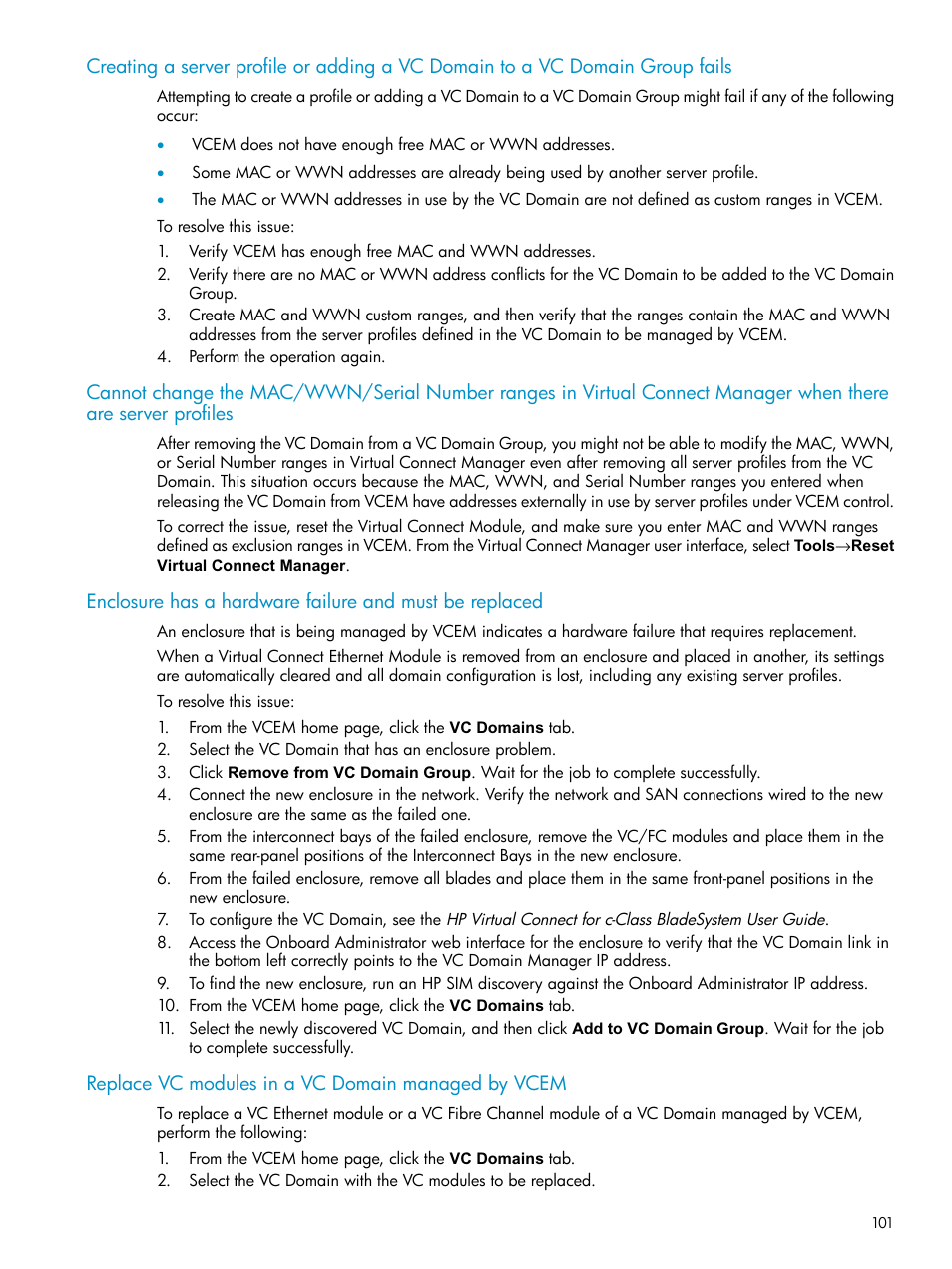 Replace vc modules in a vc domain managed by vcem | HP Virtual Connect Enterprise Manager Software User Manual | Page 101 / 117