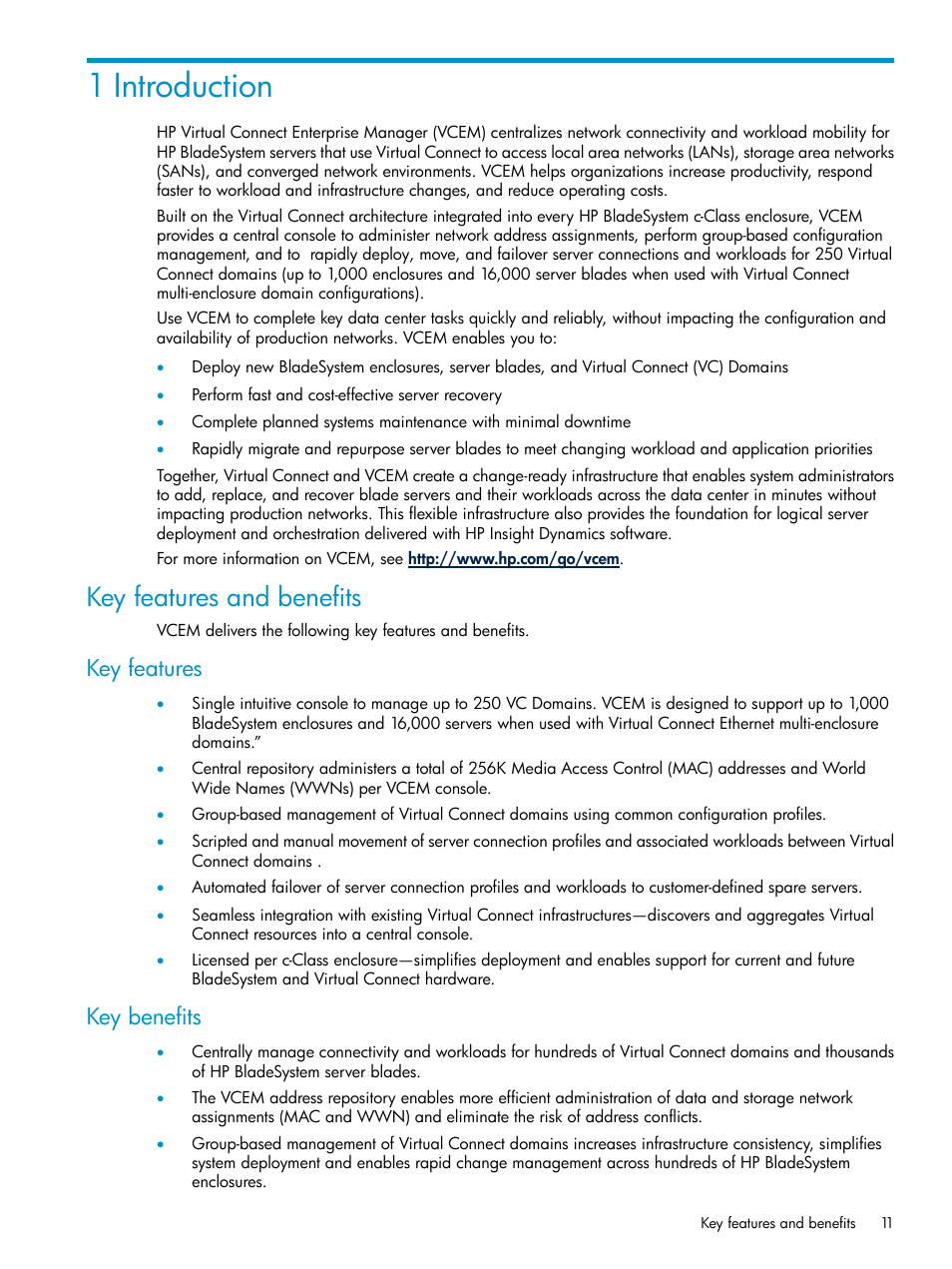 1 introduction, Key features and benefits, Key features | Key benefits, Key features key benefits | HP Virtual Connect Enterprise Manager Software User Manual | Page 11 / 117