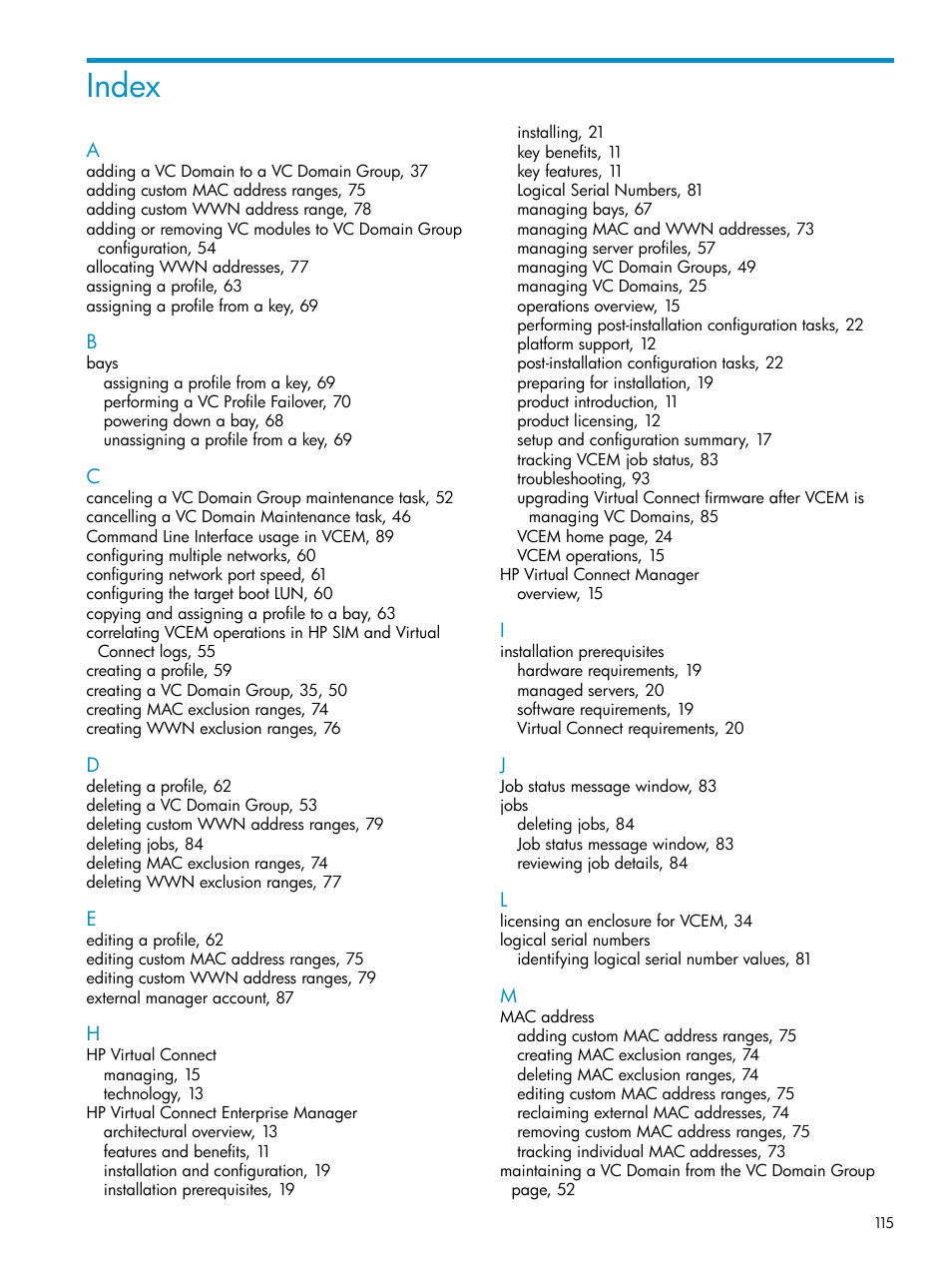 Index | HP Virtual Connect Enterprise Manager Software User Manual | Page 115 / 117