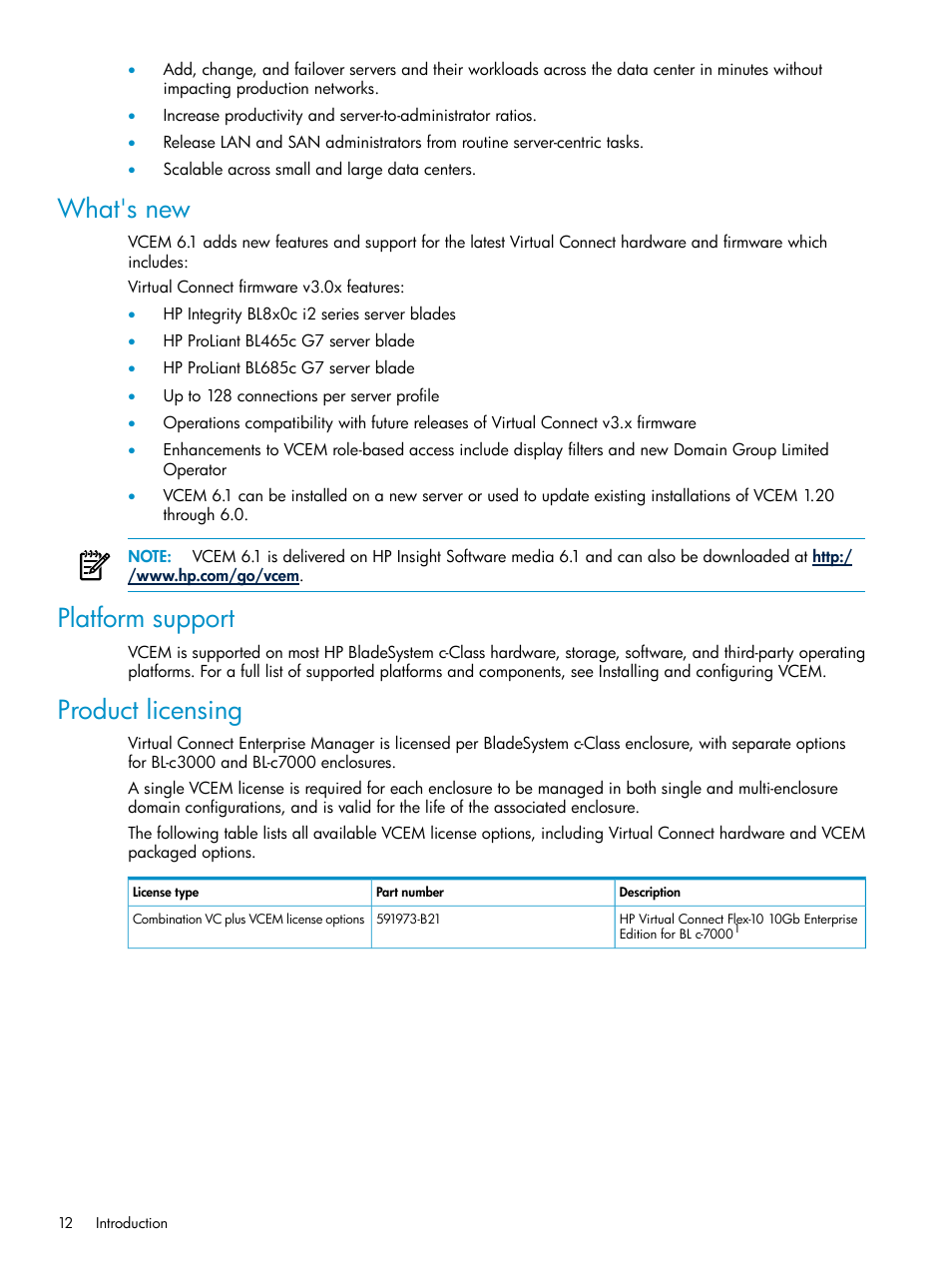 What's new, Platform support, Product licensing | What's new platform support product licensing | HP Virtual Connect Enterprise Manager Software User Manual | Page 12 / 117