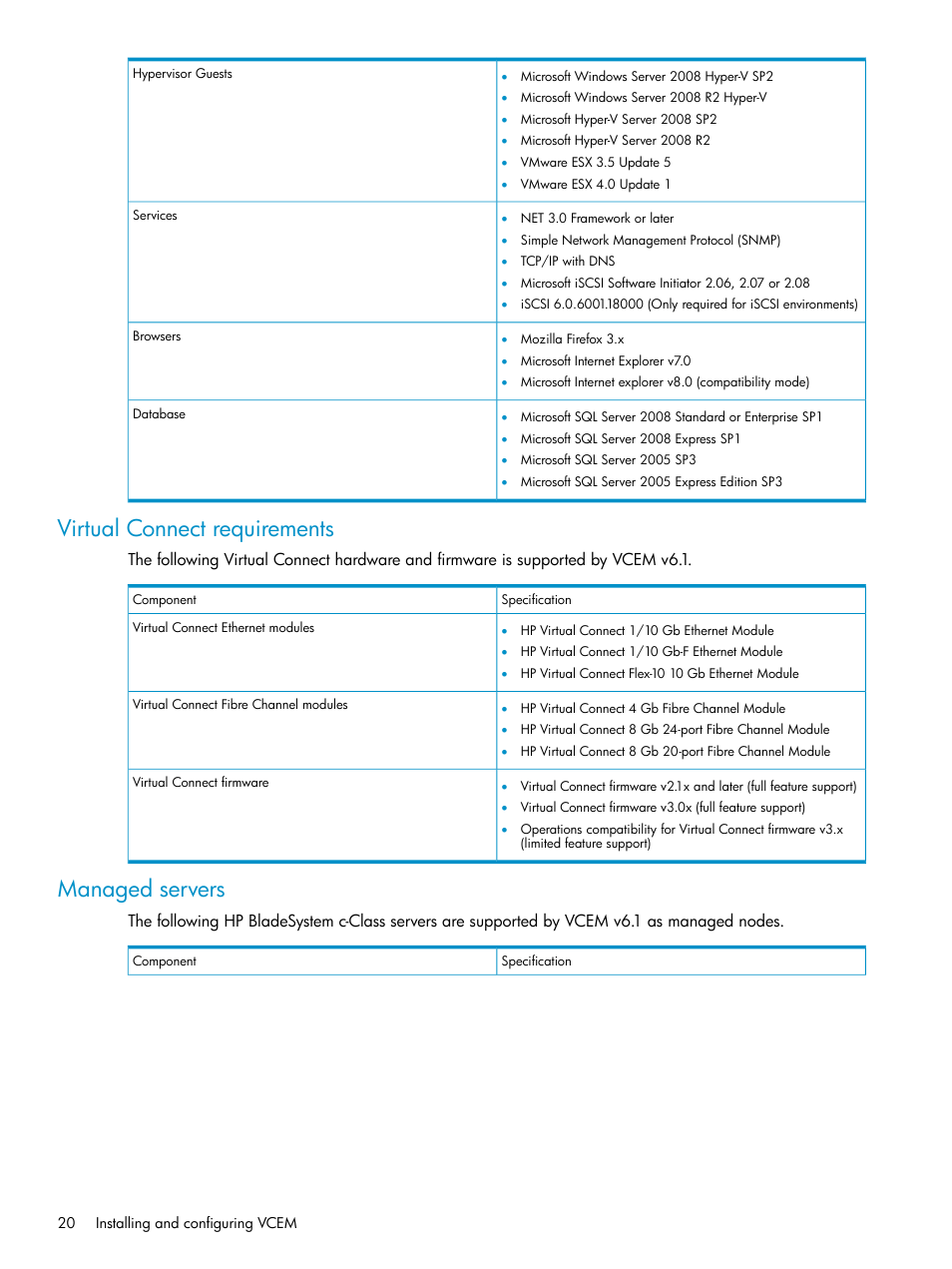 Virtual connect requirements, Managed servers, Virtual connect requirements managed servers | HP Virtual Connect Enterprise Manager Software User Manual | Page 20 / 117