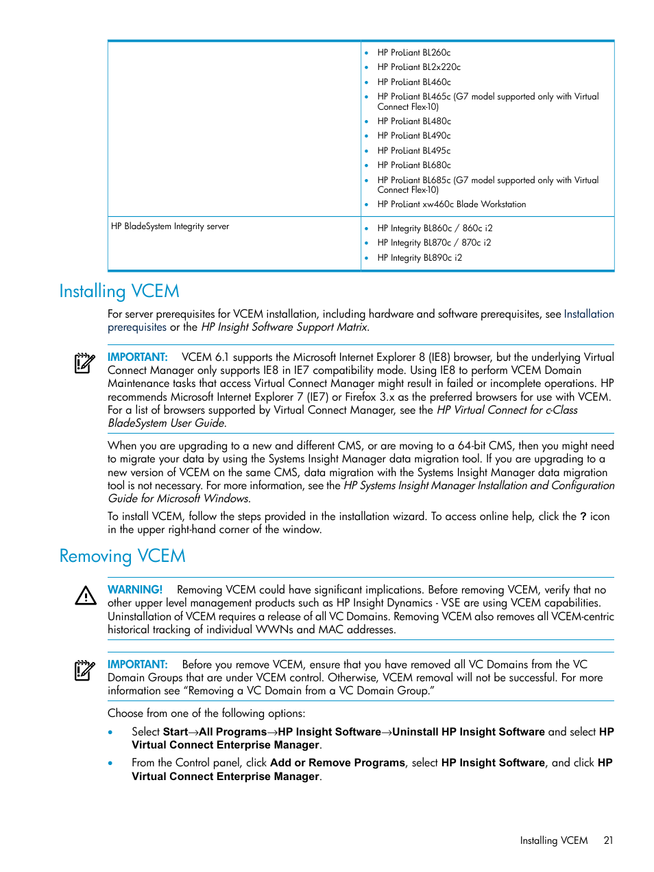 Installing vcem, Removing vcem, Installing vcem removing vcem | HP Virtual Connect Enterprise Manager Software User Manual | Page 21 / 117