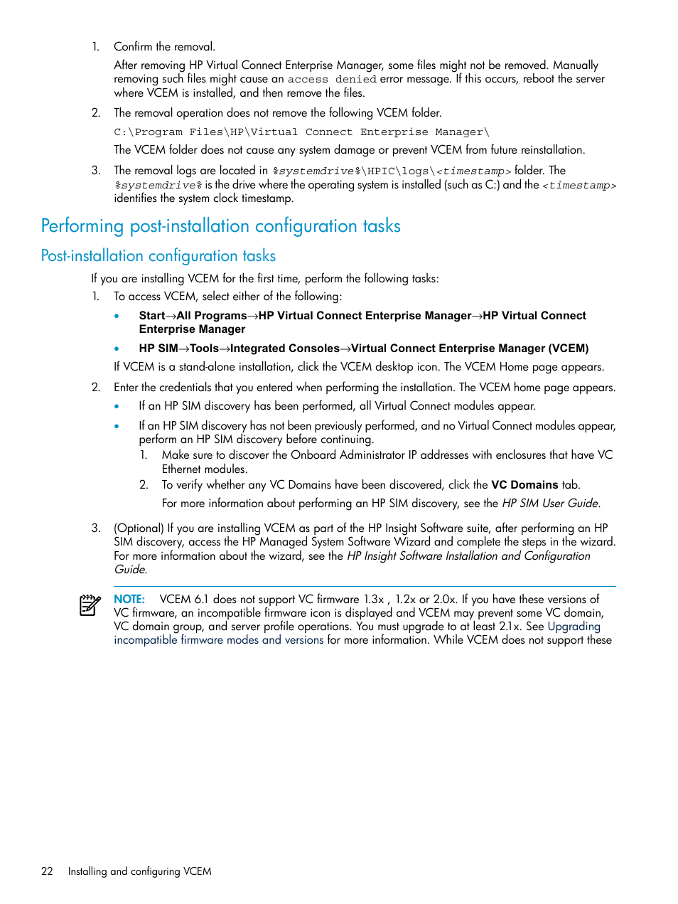 Performing post-installation configuration tasks, Post-installation configuration tasks | HP Virtual Connect Enterprise Manager Software User Manual | Page 22 / 117