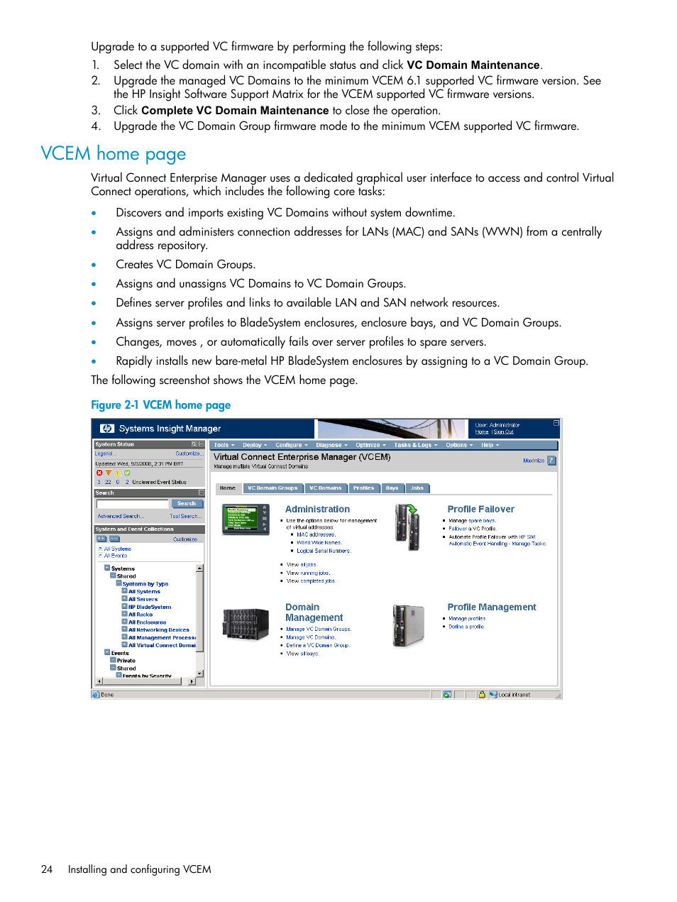 Vcem home page | HP Virtual Connect Enterprise Manager Software User Manual | Page 24 / 117