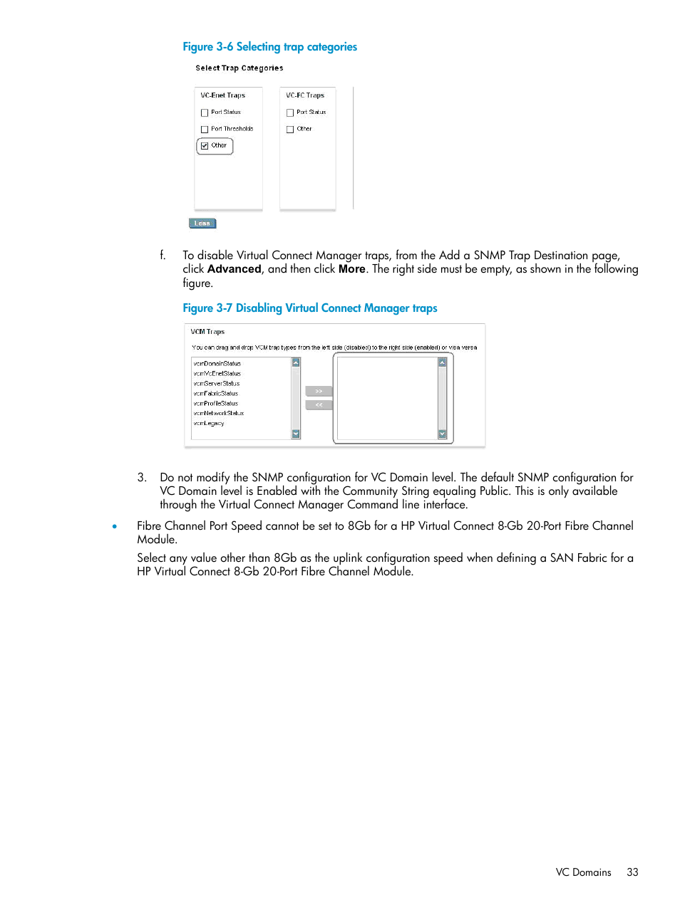 Selecting trap categories, Disabling virtual connect manager traps | HP Virtual Connect Enterprise Manager Software User Manual | Page 33 / 117