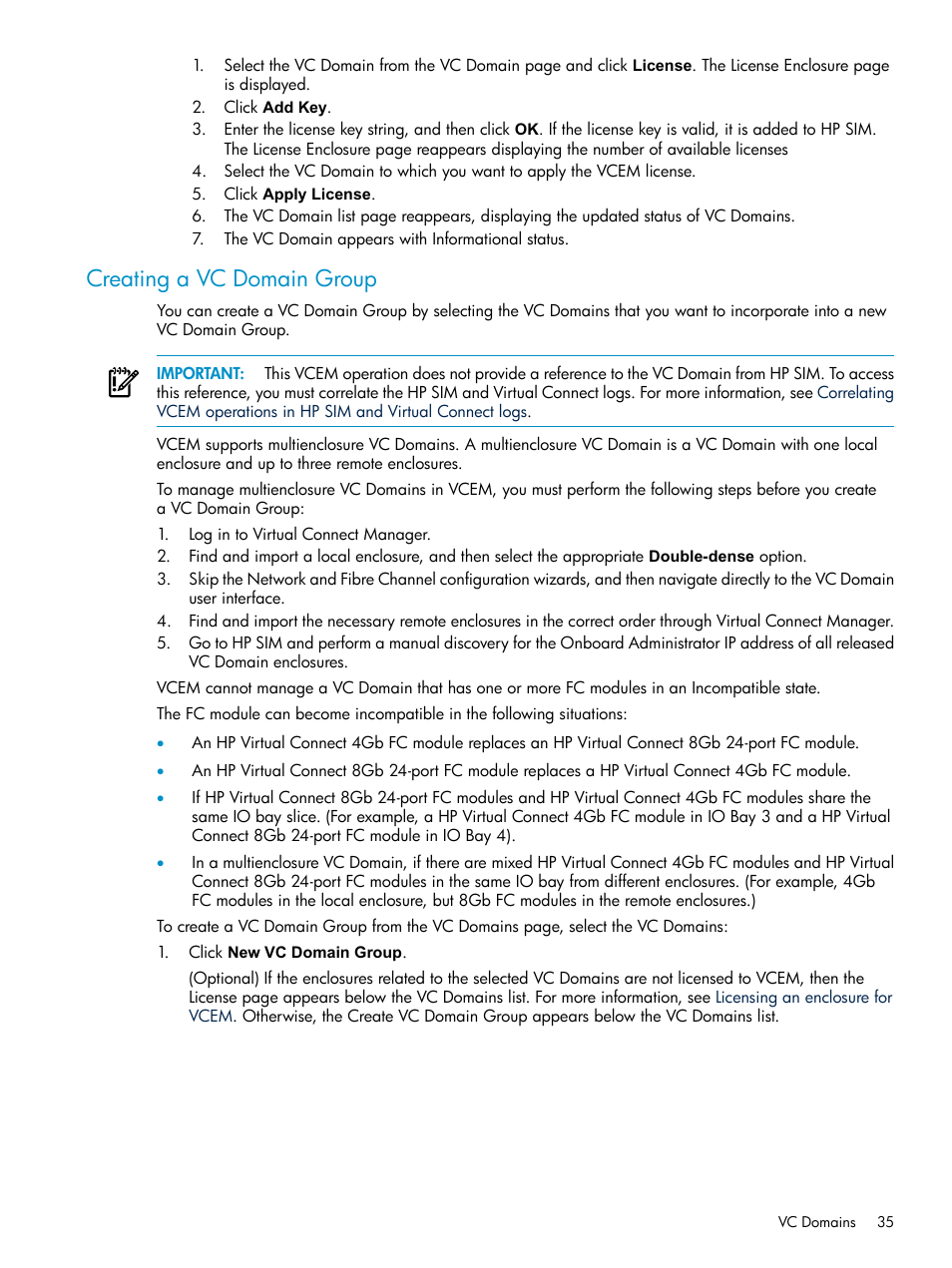 Creating a vc domain group | HP Virtual Connect Enterprise Manager Software User Manual | Page 35 / 117