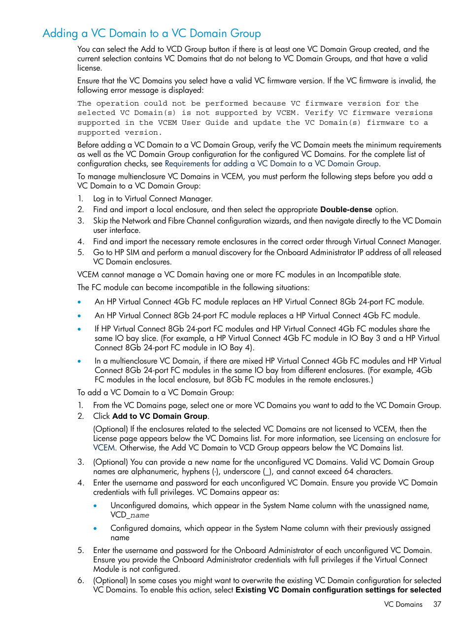 Adding a vc domain to a vc domain group | HP Virtual Connect Enterprise Manager Software User Manual | Page 37 / 117