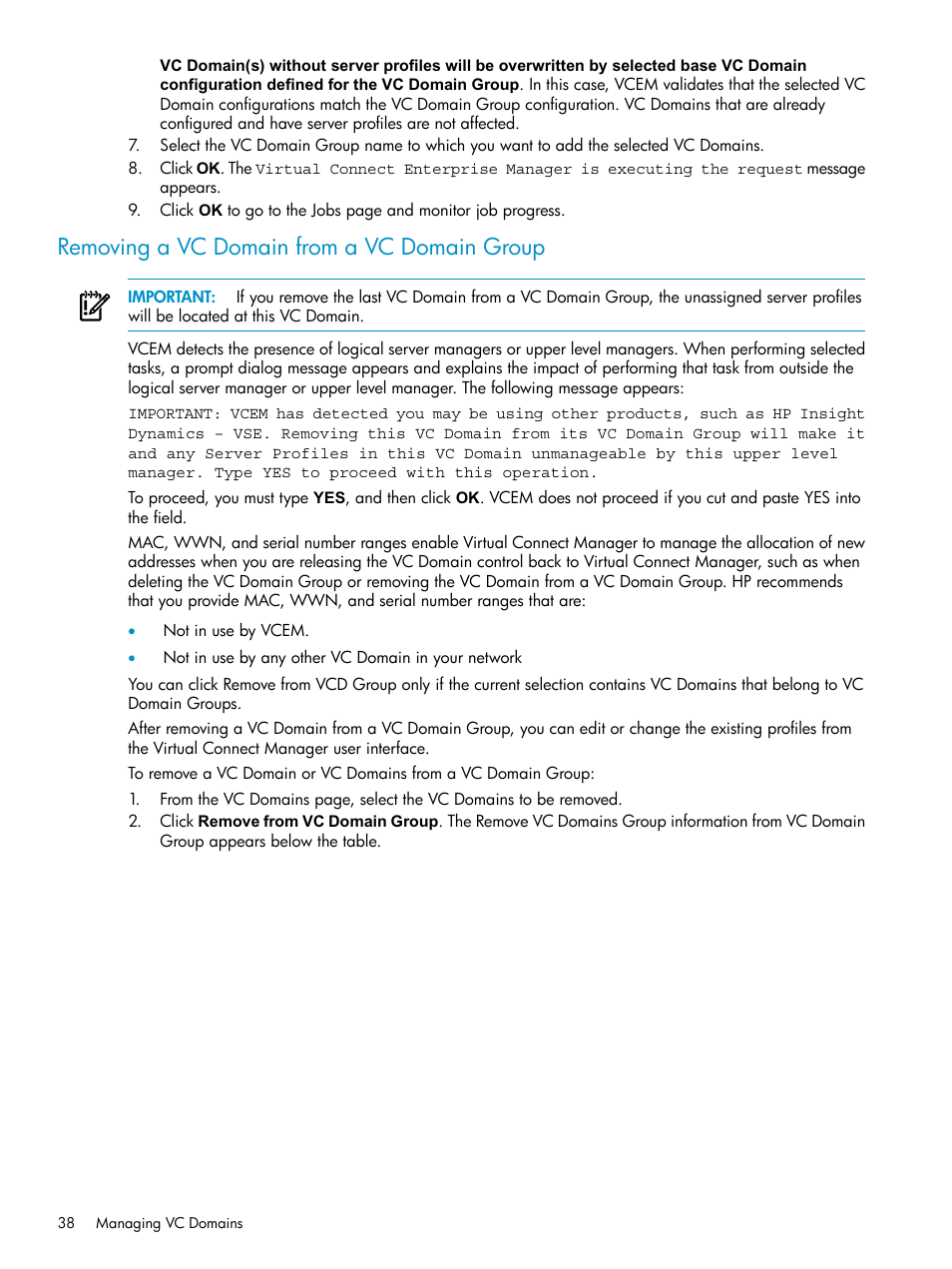 Removing a vc domain from a vc domain group | HP Virtual Connect Enterprise Manager Software User Manual | Page 38 / 117