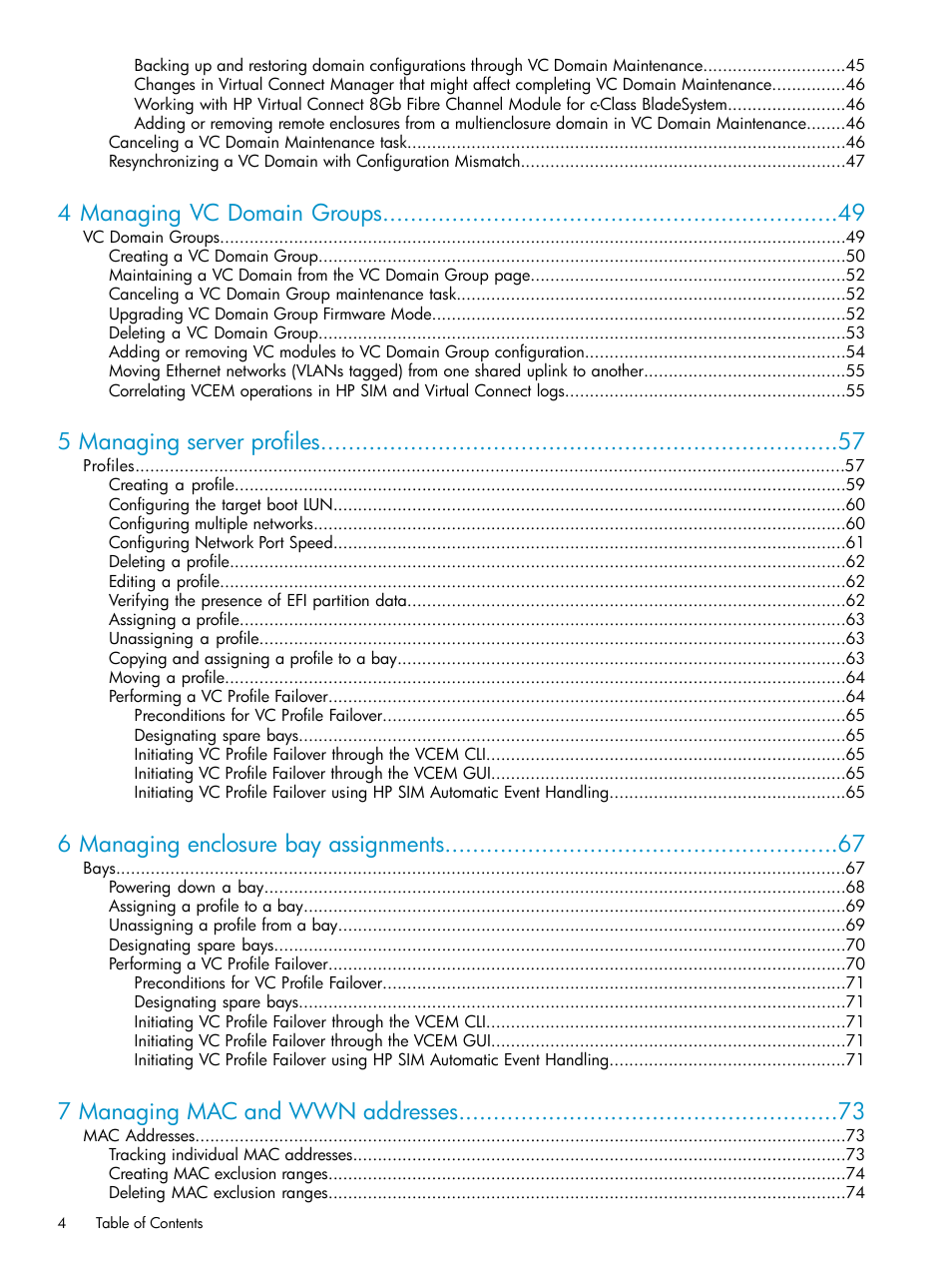 4 managing vc domain groups, 5 managing server profiles, 6 managing enclosure bay assignments | 7 managing mac and wwn addresses | HP Virtual Connect Enterprise Manager Software User Manual | Page 4 / 117