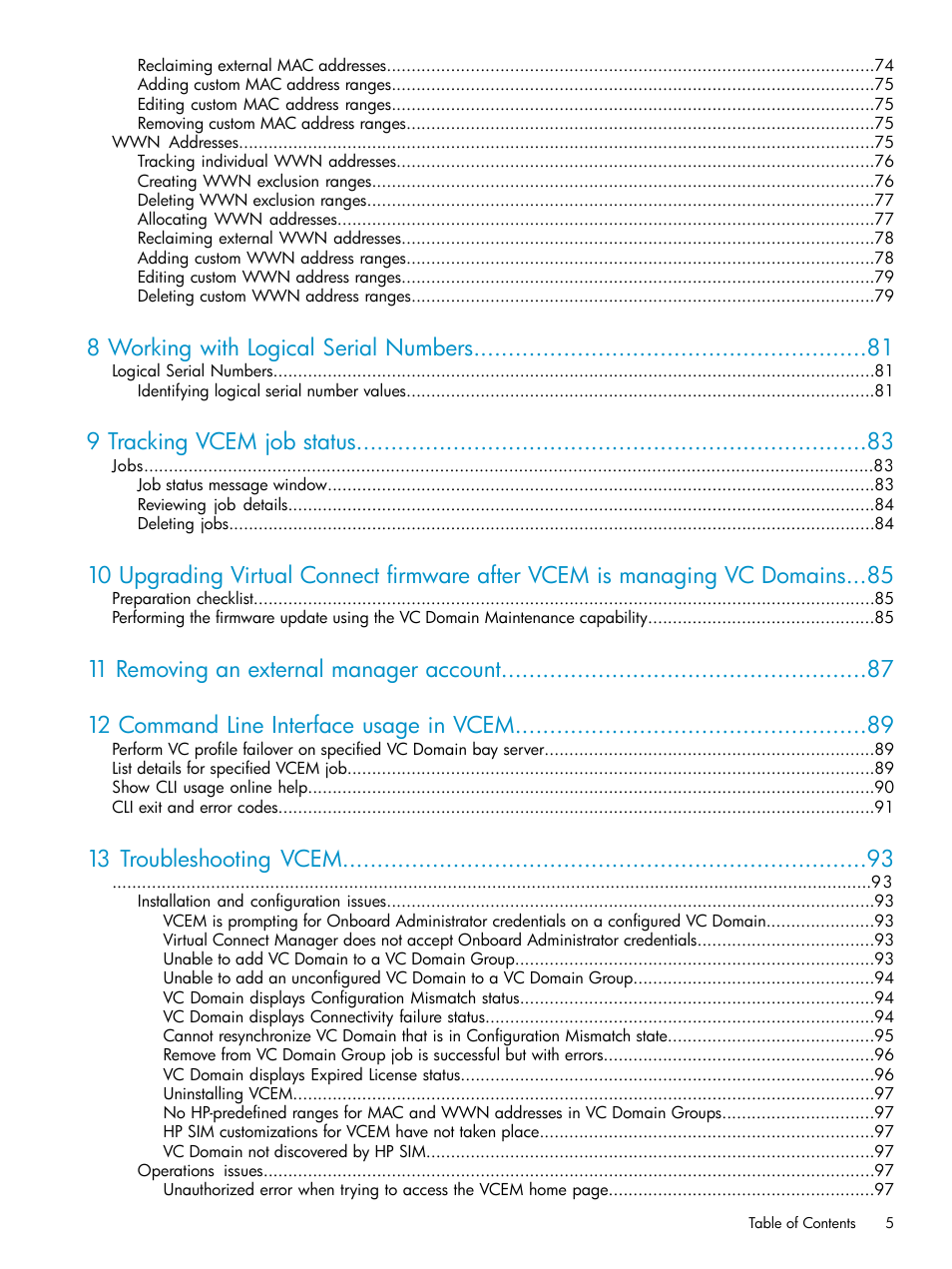 8 working with logical serial numbers, 9 tracking vcem job status, 13 troubleshooting vcem | HP Virtual Connect Enterprise Manager Software User Manual | Page 5 / 117