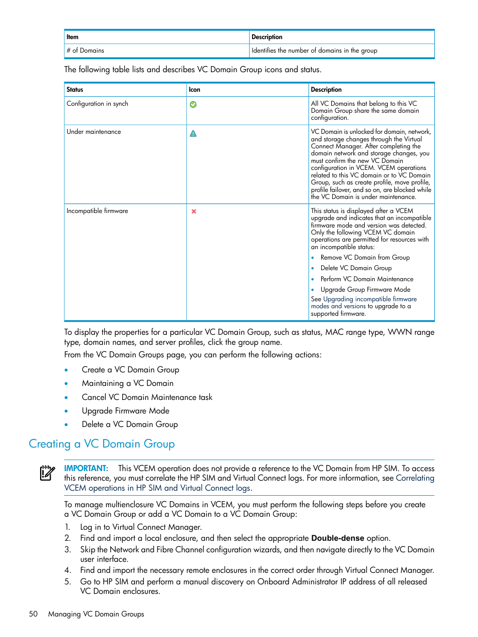 Creating a vc domain group | HP Virtual Connect Enterprise Manager Software User Manual | Page 50 / 117