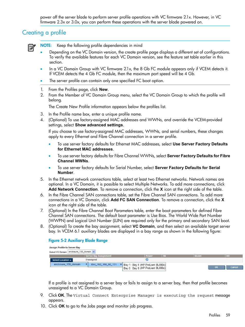 Creating a profile, Auxiliary blade range | HP Virtual Connect Enterprise Manager Software User Manual | Page 59 / 117