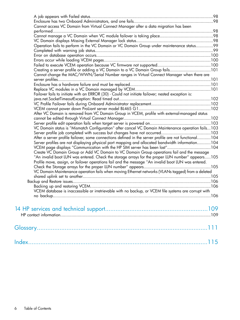 14 hp services and technical support, Glossary index | HP Virtual Connect Enterprise Manager Software User Manual | Page 6 / 117